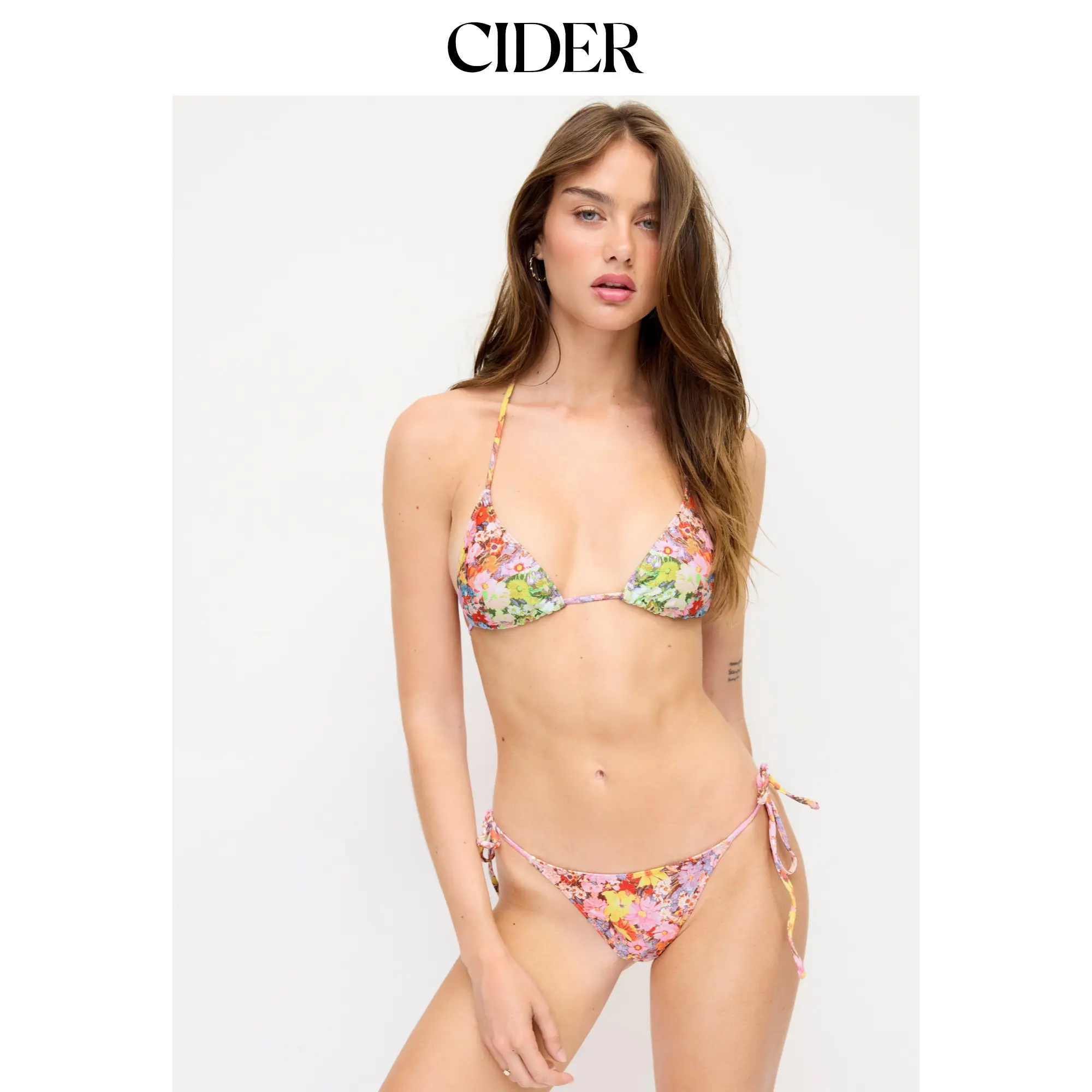 Cider Floral Halter Neck Triangle Tie Side Bikini Set