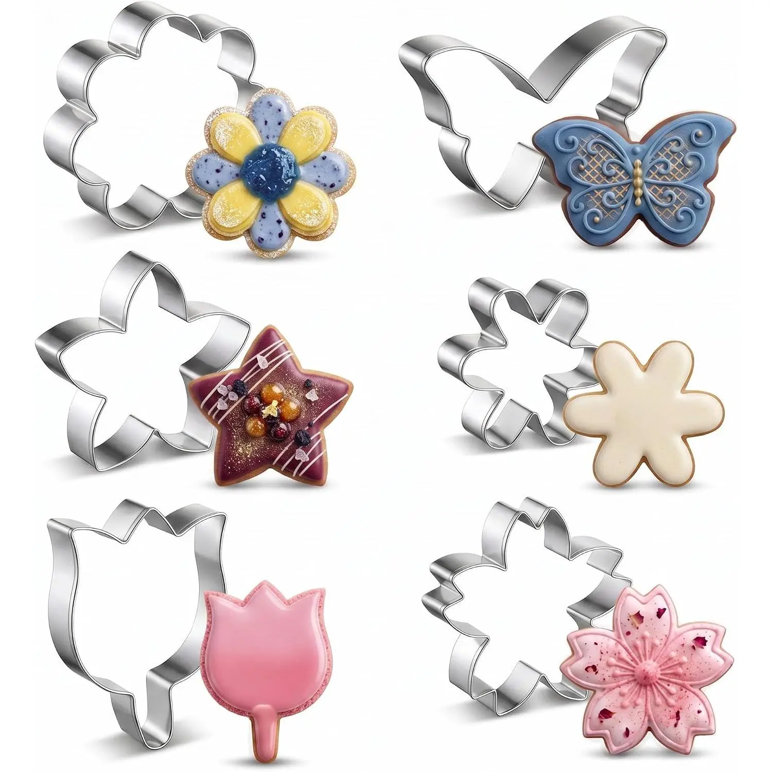 6 count Flower Cookie  Set, Stainless Steel Cookie Cutters with Daisy,  & Butterfly Shapes for Cookies, Fondant, Sandwiches, Fruit & Party Baking
