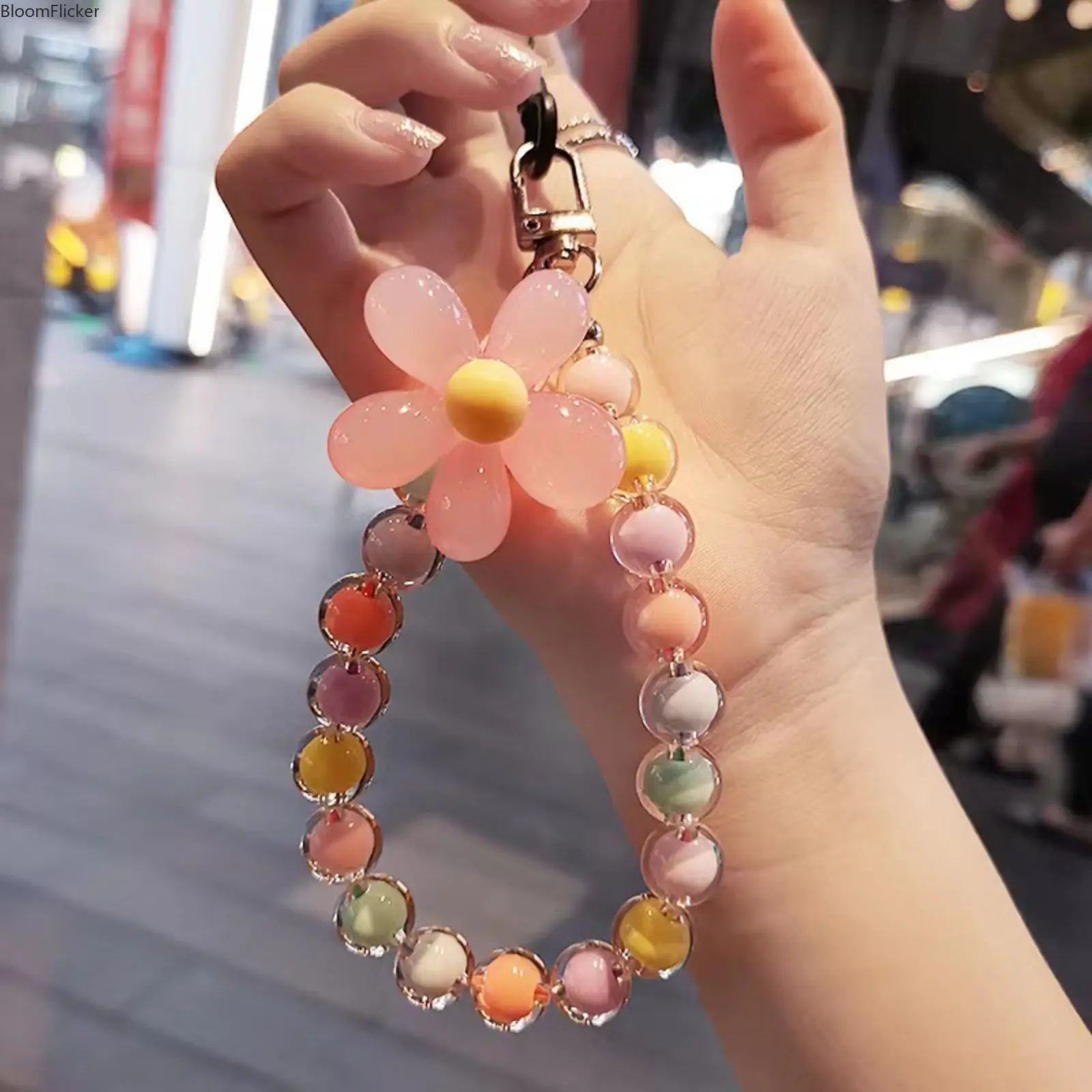 Macaron‑Tone Bead‑in‑Bead Wrist Phone Lanyard, Korean Ins‑Style Handmade Beaded Flower Phone Chain, Trendy Portable Wrist Strap, Cute Fashion Decor Accessory for Phones, Keychains, Bags, Daily Styling for Teen Girls