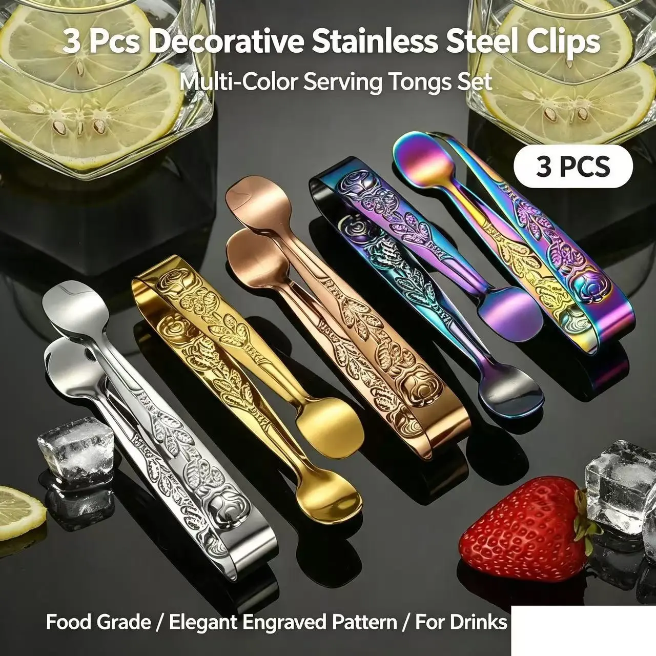 3 Piece Set 304 Stainless Steel Sugar Tongs, Vintage Rose Pattern Ice Bucket Clips, Lemon Slice Metal Tweezers, Elegant Kitchen Utensils