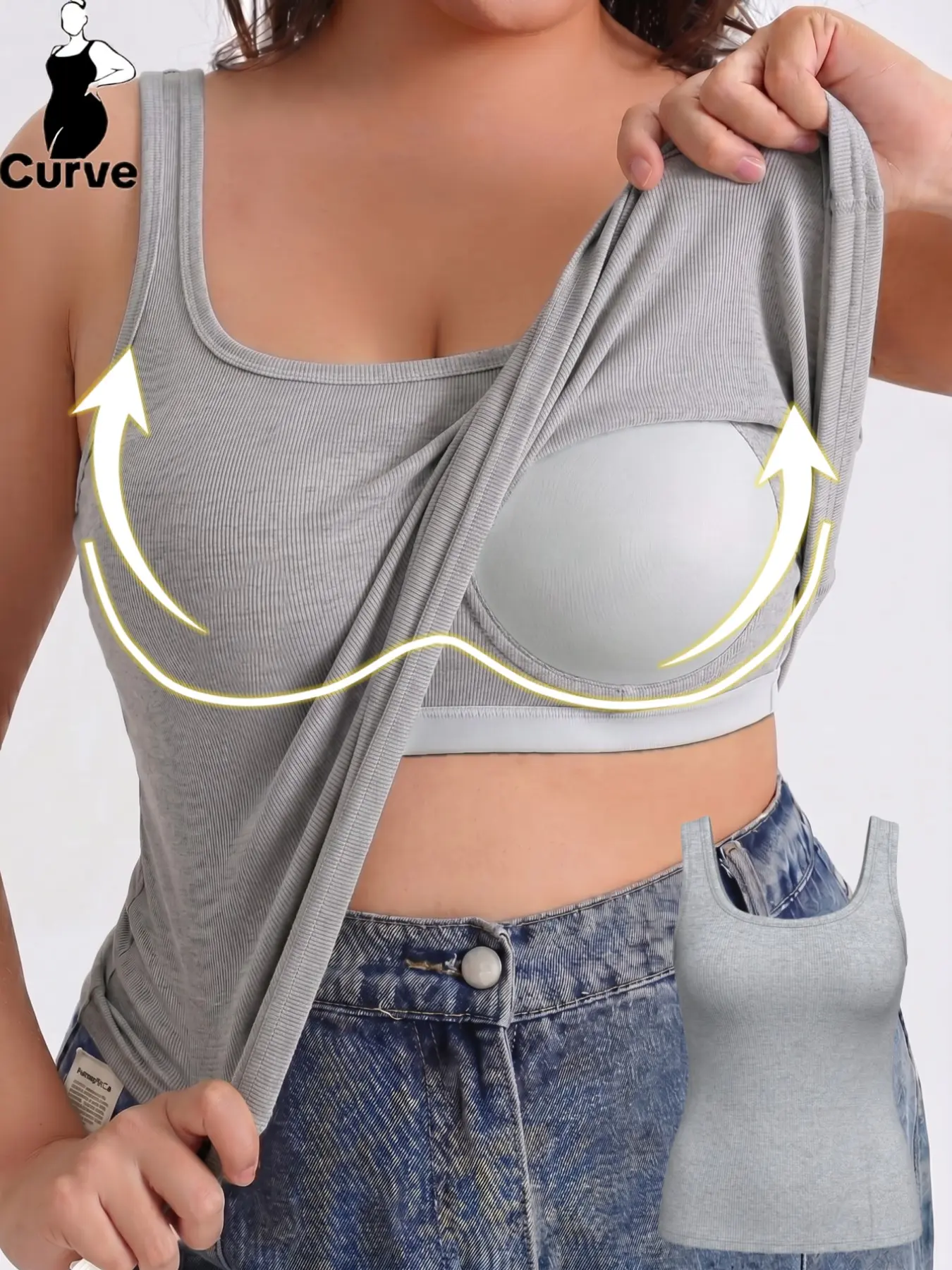 Plus Size Women's Comfortable Square Neck Built in Bra Vest, Two-In-One Pads Fashion Basic Sleeveless Tank Top, All-Season Daily Wear