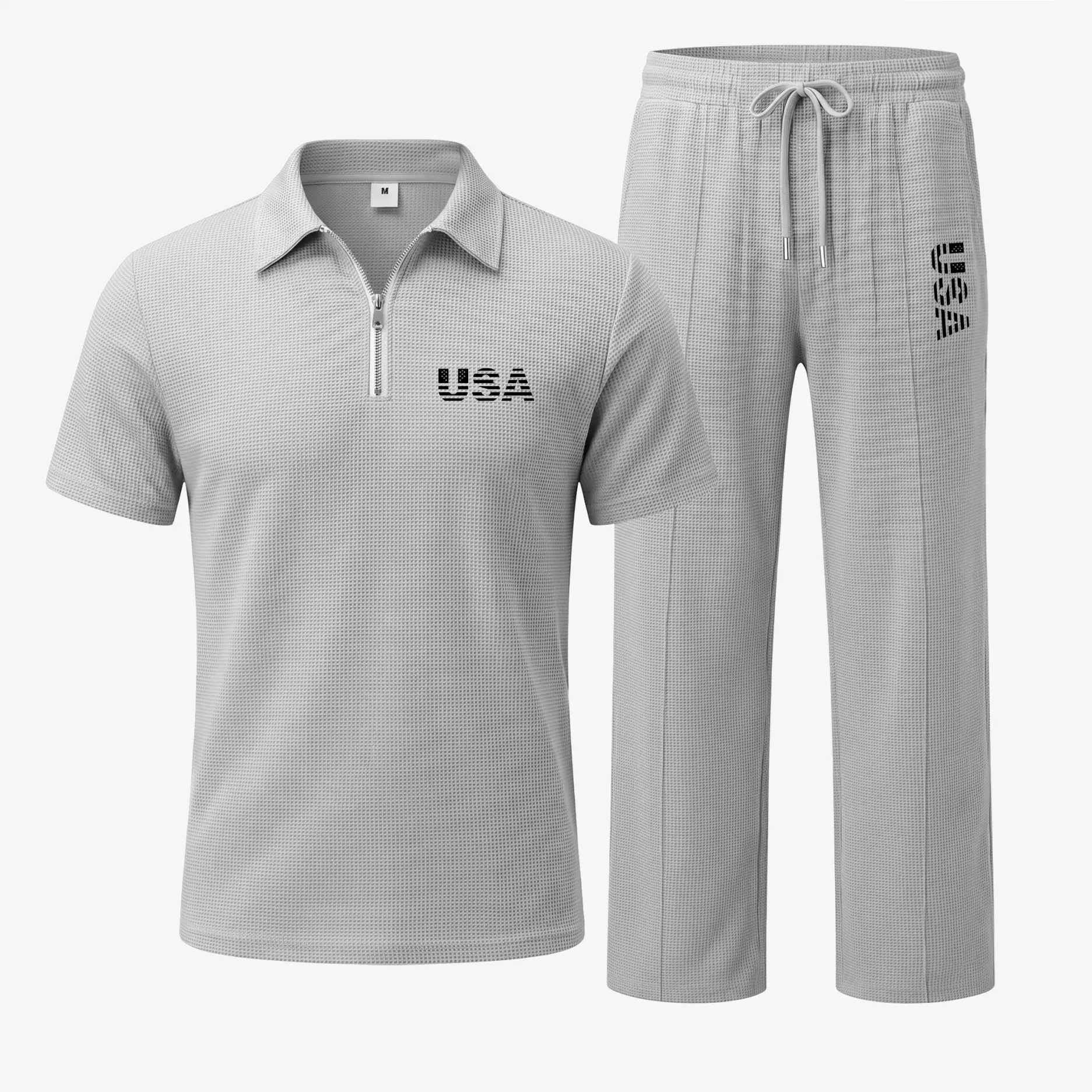 Men’s USA Letter Print Waffle Fabric Zip Collar Polo Shirt and Pants Set, Short Sleeve Polo Top with Matching Drawstring Trousers, Casual Two Piece Outfit