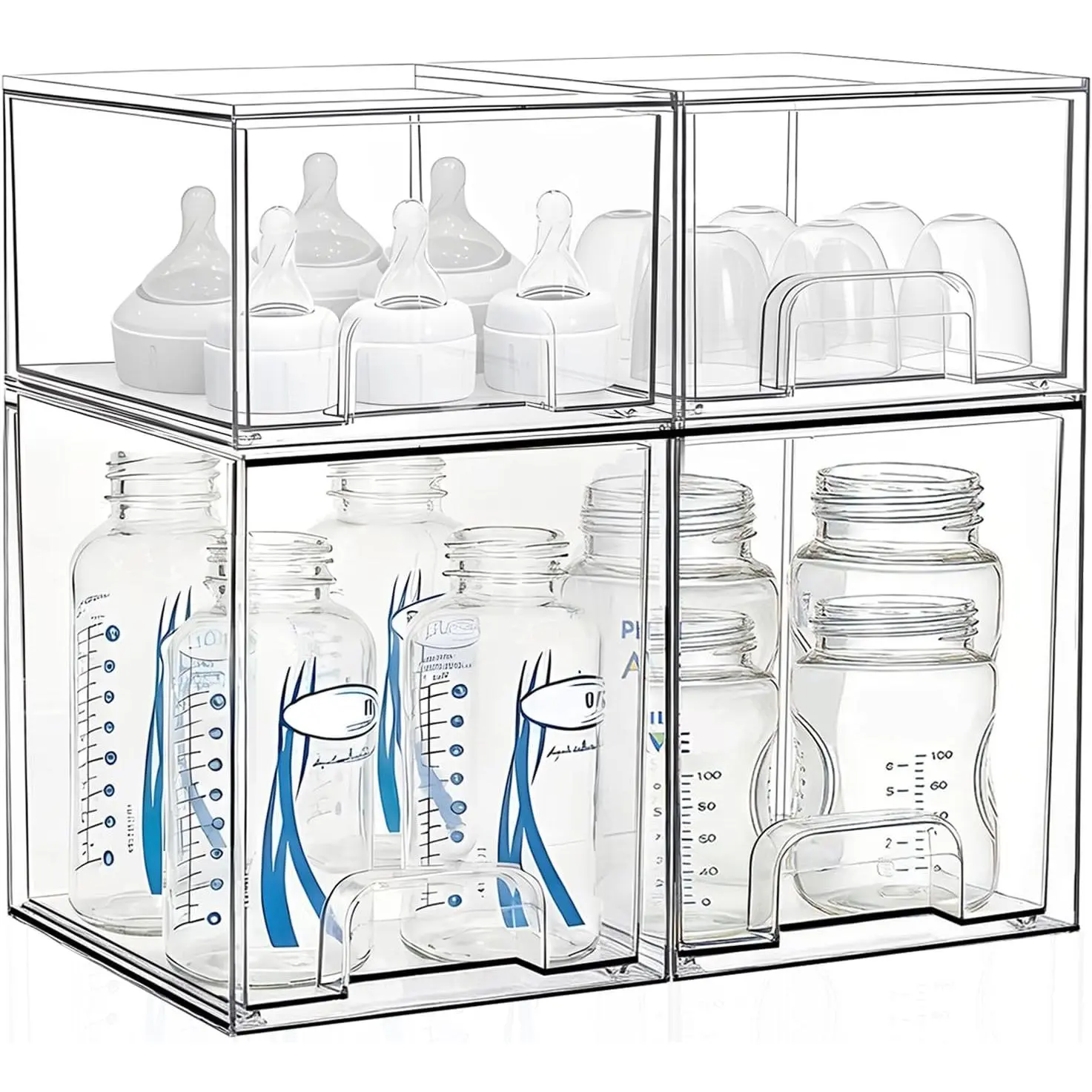 Bottle Storage Organizer :  Stackable Storage Drawers | Clear Bottles Station Organizer for Countertop, , Bathroom, Cabinet Organization - 4 Pack