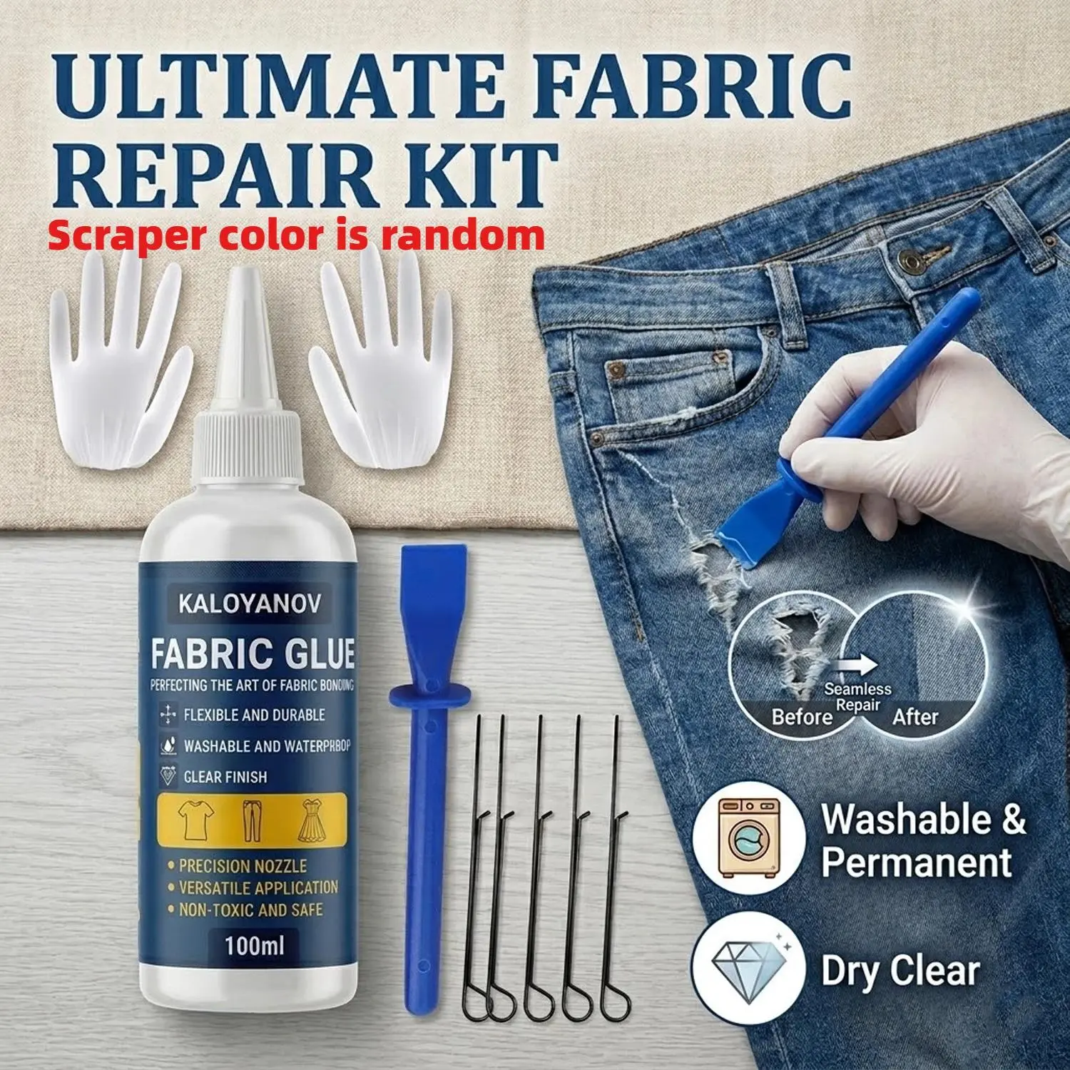 No Sewing Needed, 100ml Fabric Glue Set, Glue And Seal, Permanent Clear Adhesive for Clothes & Denim Repair, 100% Washable & Waterproof Liquid Stitch, Includes Scraper, Clips & Gloves for Easy DIY Crafting, Save Your Torn Garments Fast, Home Tool