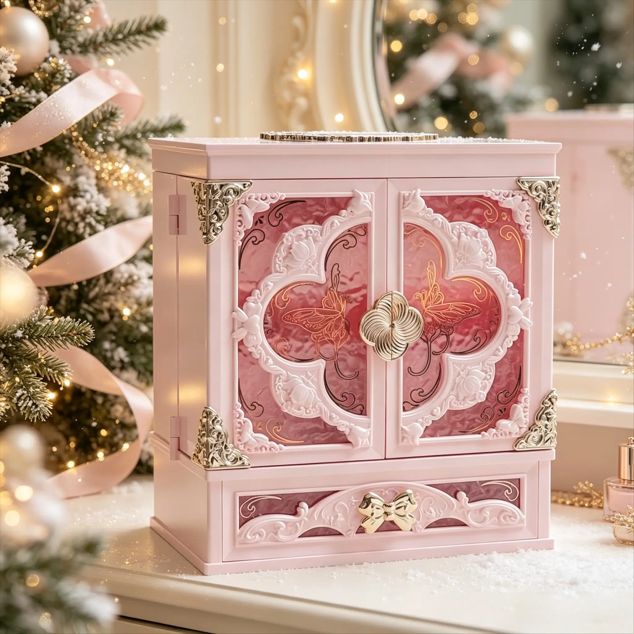 Vintage embossed vanity storage cabinet with double doors & spacious drawers. Large compartment for makeup, lotion and jewelry with decorative display function, premium aesthetic Christmas gift for ladies.