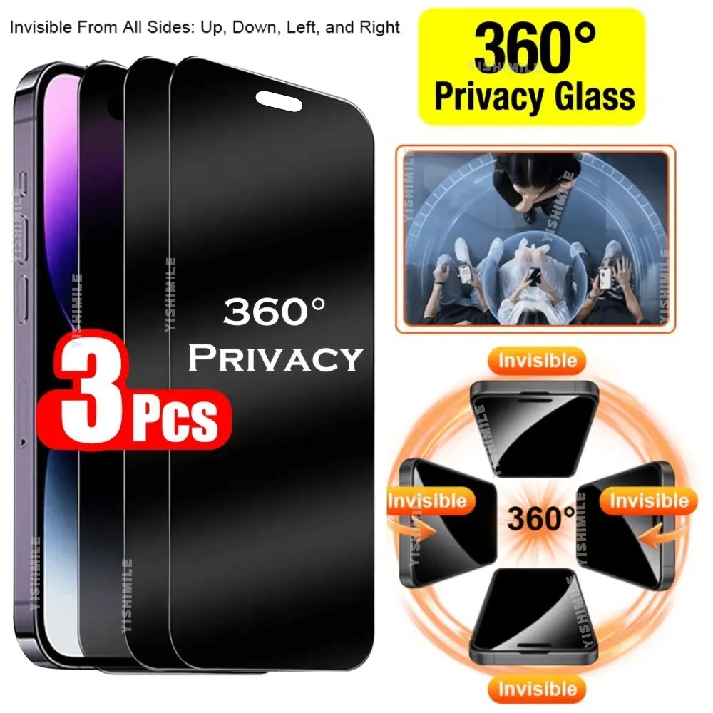 3-Pack 360° Anti-Spy Tempered Glass Film for Apple Devices, Full Screen Fingerprints Resistant, Privacy Protection, Shockproof Phone Protector