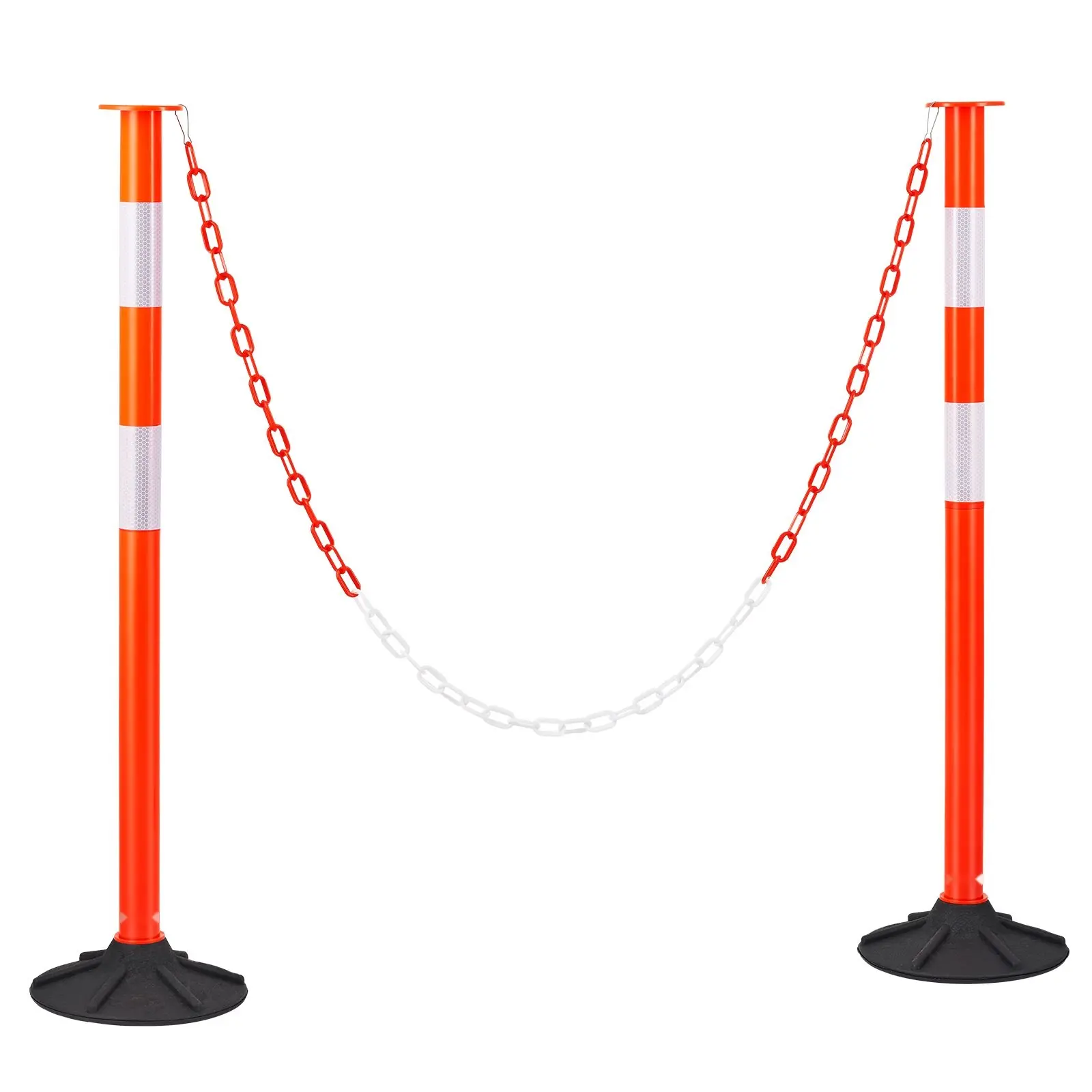 2-Pack 34-Inch Traffic Delineator Posts - Outdoor Road Barriers with Safety Cones, Weighted Bases, Chains, High-Visibility Reflective Caps for Construction Sites, Temporary Traffic & Event Control