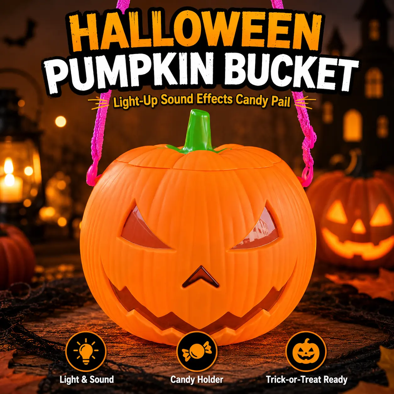 Halloween Pumpkin Candy Bucket with Light & Sound Effects, Battery Operated Jack O Lantern Trick or Treat Pail with Carry Strap, Reusable Candy Holder for Kids, Costume Parties, Haunted House, Porch Decor & Halloween Party Supplies