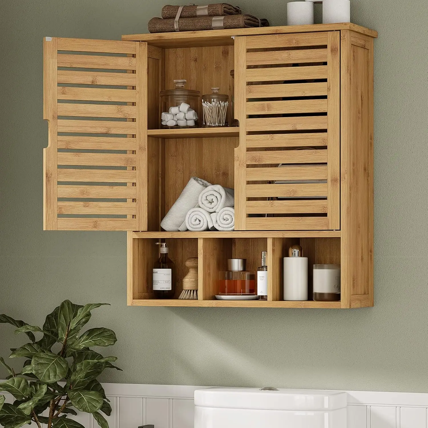 Bathroom Wall Storage Cabinet, Bamboo Medicine Cabinet with Doors and Adjustable Shelves, Bathroom Medicine Cabinet Wall Mount, Wall Mounted Over-the-Toilet Storage Cabinet