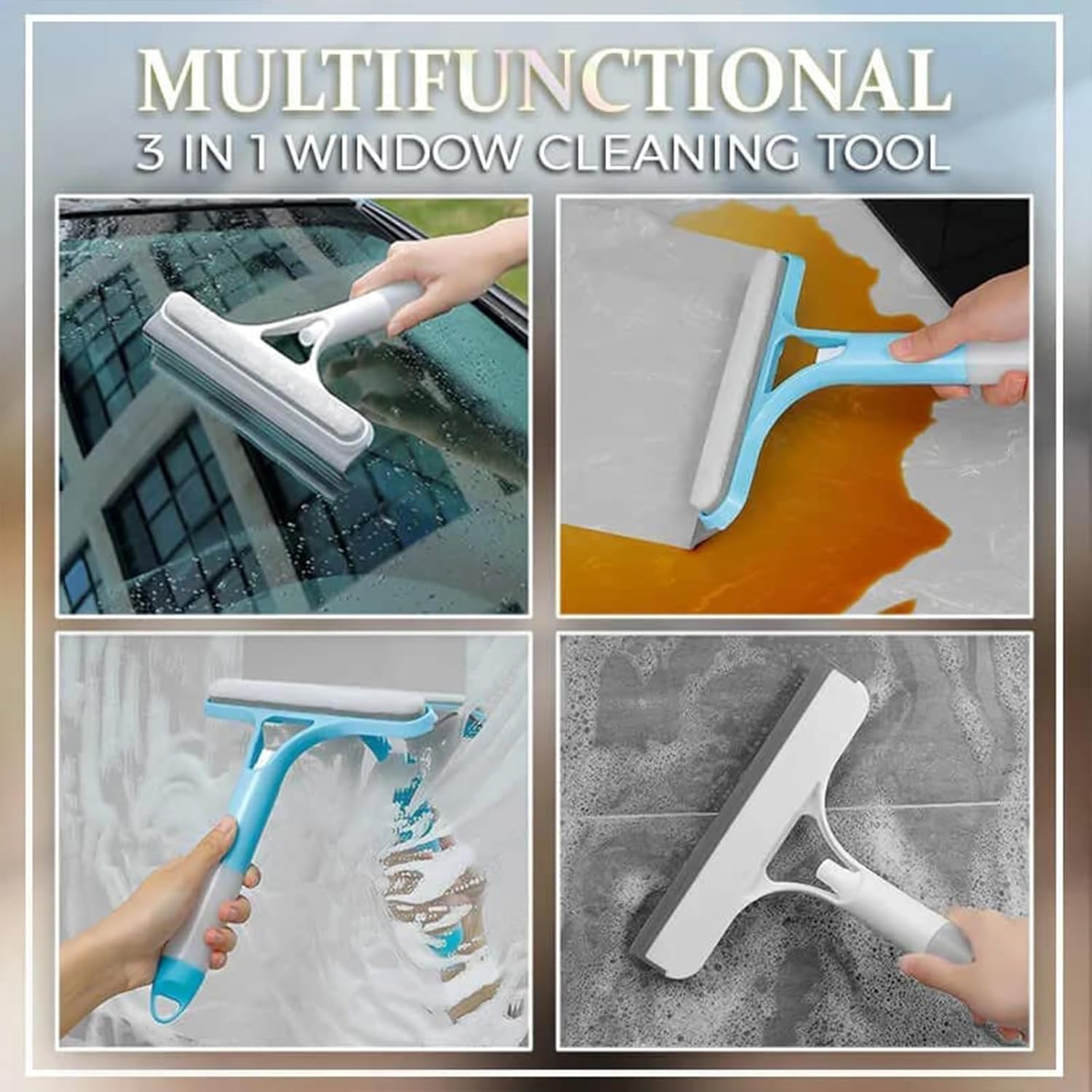 3 in 1 Window Cleaning Scraper, 2025 New Squeegee for Shower Glass, 3 in 1 Spray Function for Glass Doors for Windows Glass, Mirrors Scraper, Brush. All-Purpose Window Cleaner Tool Hands-Free Flat Floor Mop Bucket Set Suction Cup Sponge Holder for Kitchen