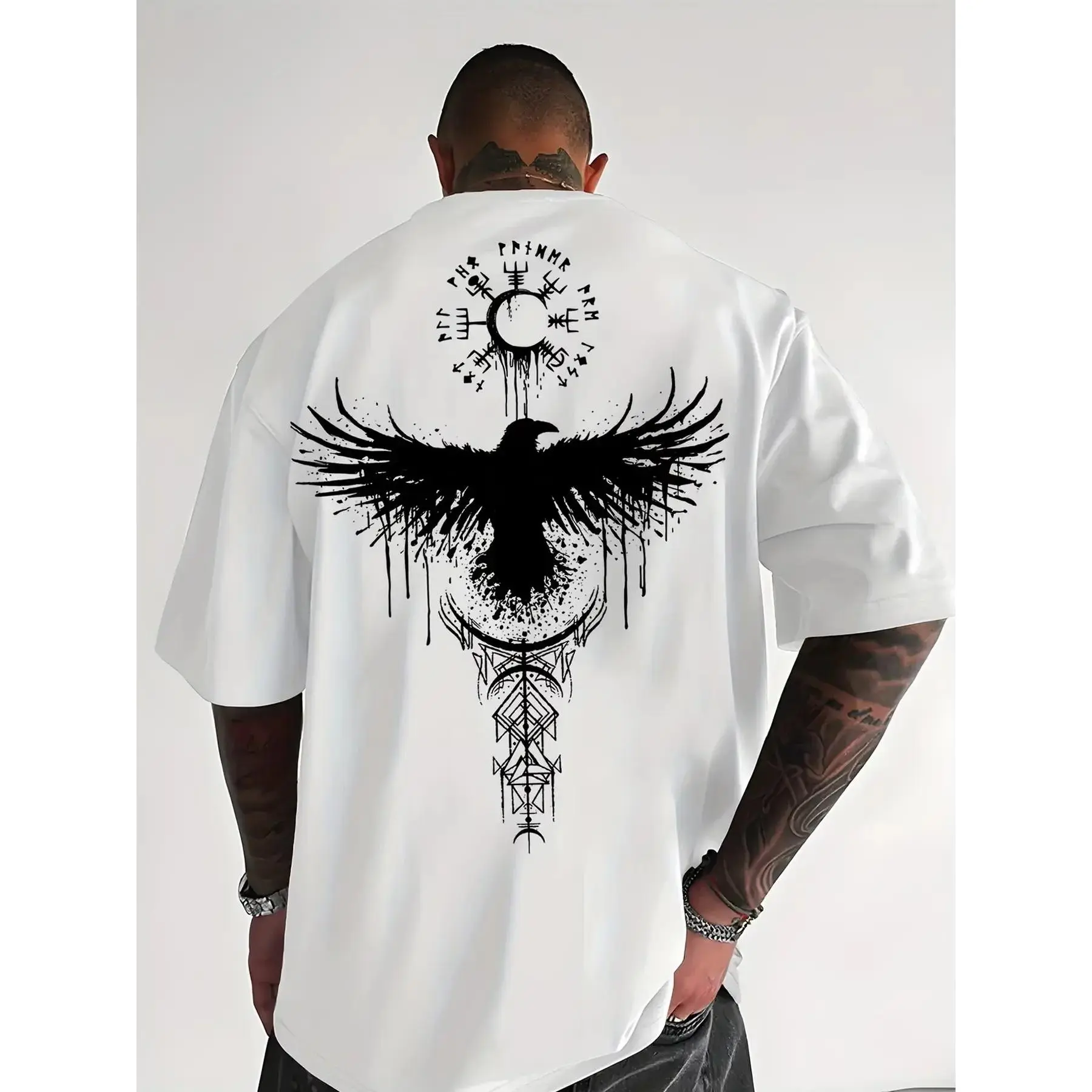 Men's Norse Viking Raven Graphic T-Shirt, Premium Oversized Tee, Front & Back Printed Odin Raven Short Sleeve Top, Casual Streetwear Style for Summer,retro,unisex,,tee casual crewneck,,cotton,funny,comfortable