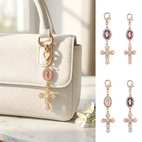 Pearl Cross Pattern Bag Charm Keychain, Vintage Baroque Rhinestone Inlaid Pendant, Elegant Daily Decor Accessory For Women Girls, Y2k Retro Handbag Ornament Car Key Cosmetic Pouch Hanging Jewelry-YY0