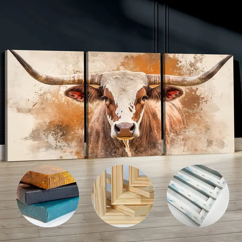 2D Flat Posters and Paintings: Three vintage longhorned bull canvas art pieces with flat wooden frames, perfect for rustic wall decor in living rooms, bedrooms, offices, cafes, and gyms.They are an ideal gift for friends, and rustic wall art enhances the