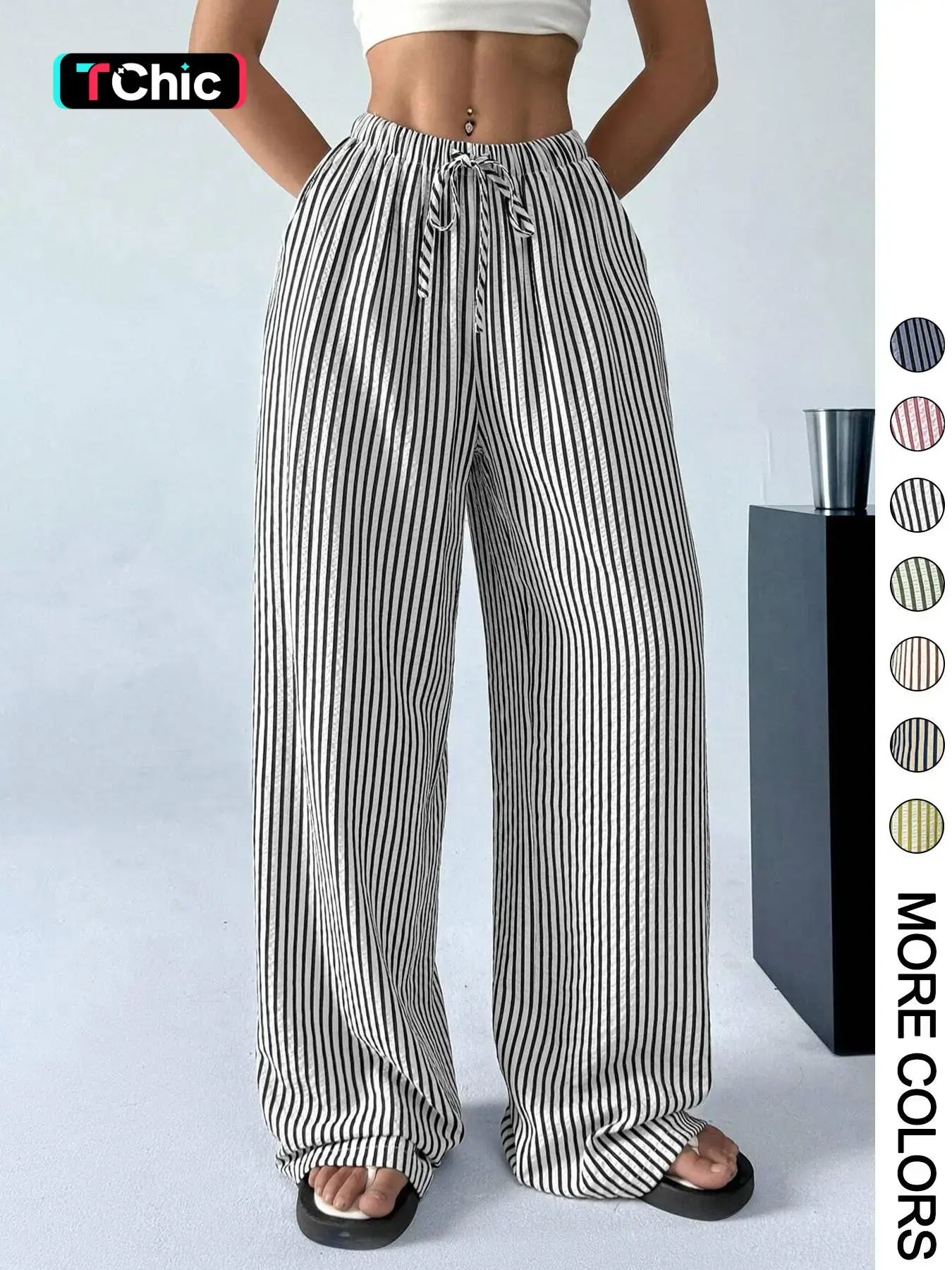 Women's Striped Print Adjustable Drawstring Waist Pants, Casual Comfy Wide Leg Trousers for Daily Wear, Ladies Bottoms for All Seasons