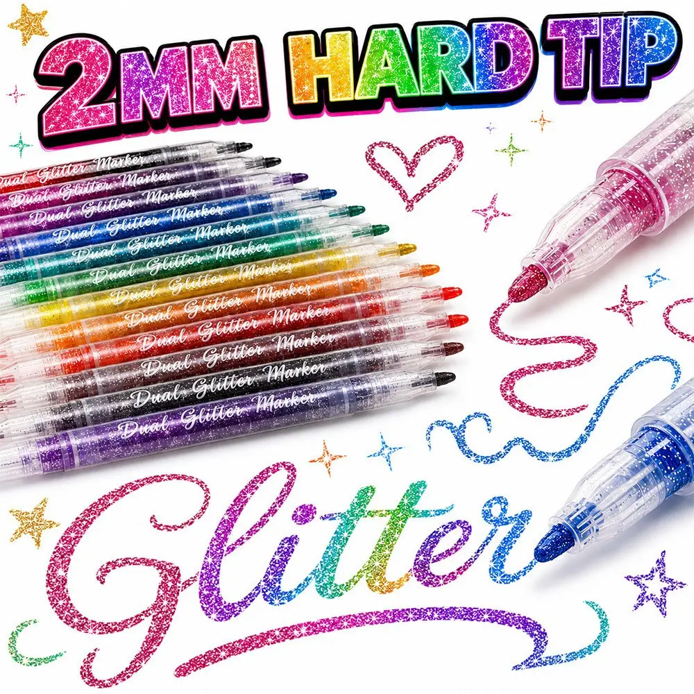 12-Pack Dual-Ended 24 Colors Glitter Markers, Quick-Dry Waterproof Ink, Ideal for Cards, Scrapbooks, Diaries, Halloween, Christmas Decorations