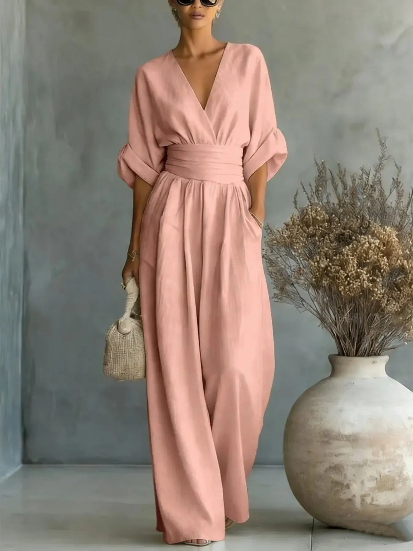 11 Color V Neck Batwing Sleeve Waist Cinch Linen Wide Leg Romper, Wrap Style Pocket Bohemian Long Dress, Vacation Afternoon Tea Party Daily