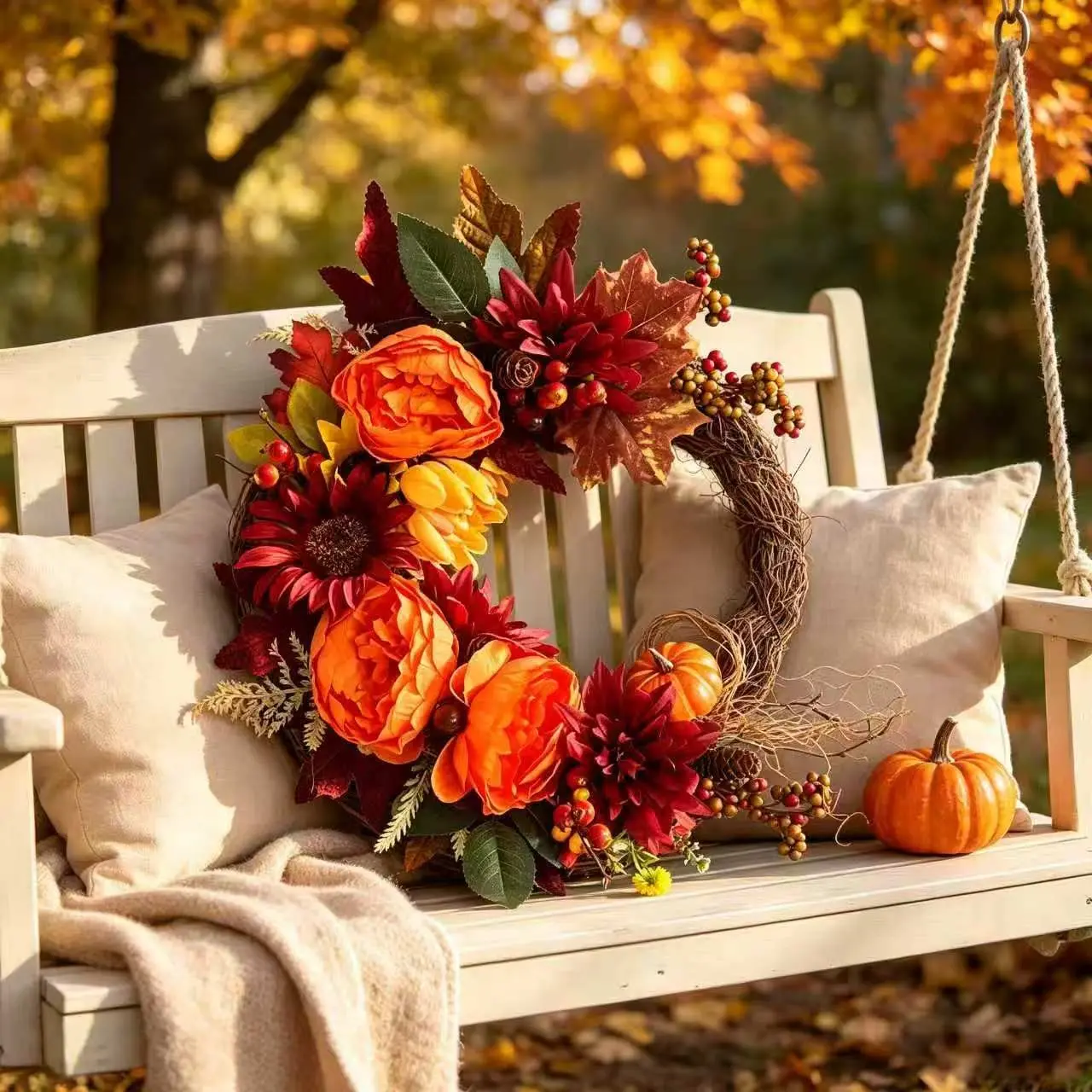 16-Inch Peony and Burgundy Dahlia Asymmetric Fall Wreath, Branch Base for Front Door Decor, Farmhouse Halloween Thanksgiving Wall Decoration, Faux Flower Wreath