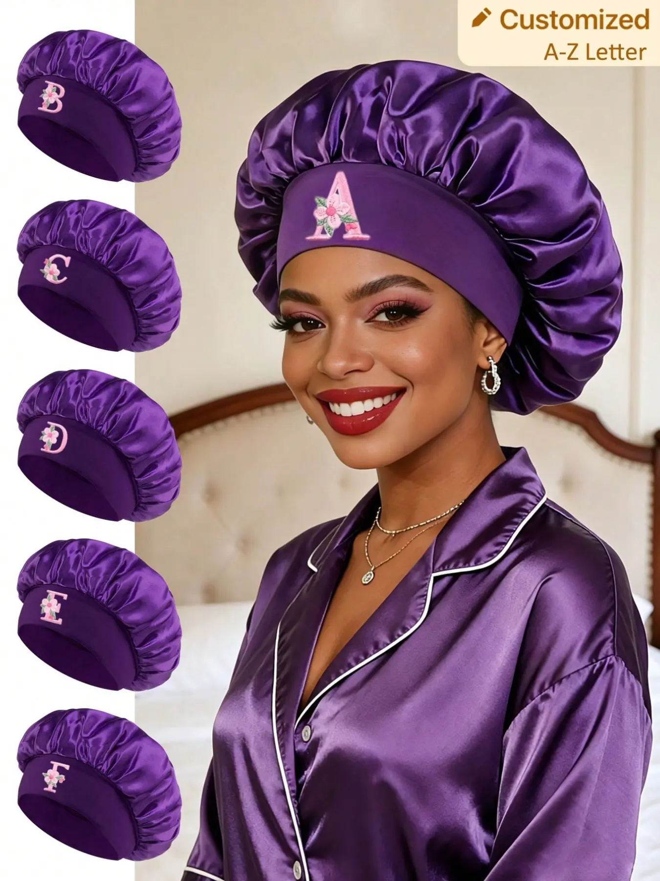 1PC Purple Sleep Bonnet With Customizable A-Z Letters, Loose Non-Pressing Hair Cover, Comfort Hair Wrap For Daily Hairstyle Arrangement And Pre-Sleep Skincare, Warm Holiday Gift With Nice Vibe For Female Friends And Family Members