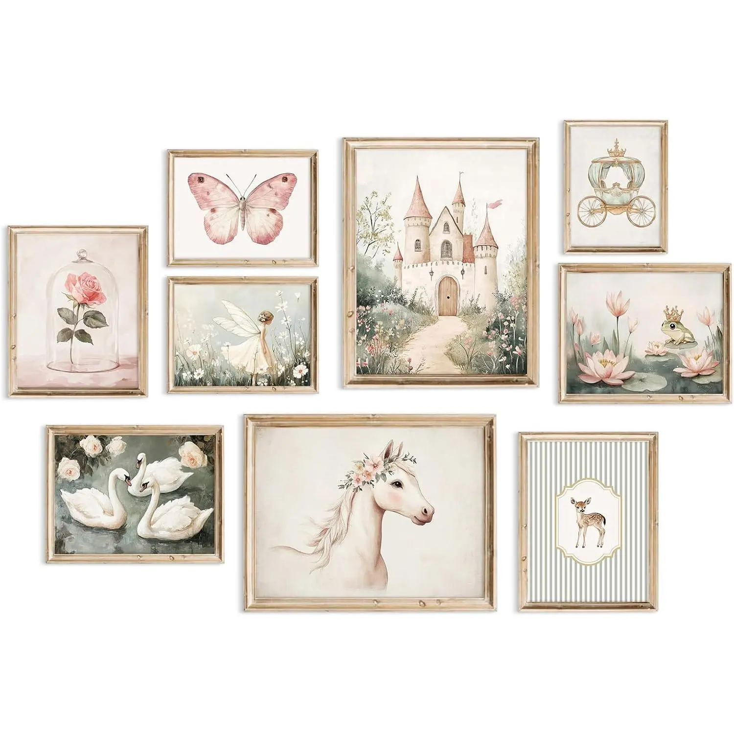 Vintage Fairy Princess Rectangular Wall Art, 8x10 in Unframed Girl Room Decor - Fantasy Castle, Floral Swan Canvas Posters for Baby Girl Nursery Bedroom