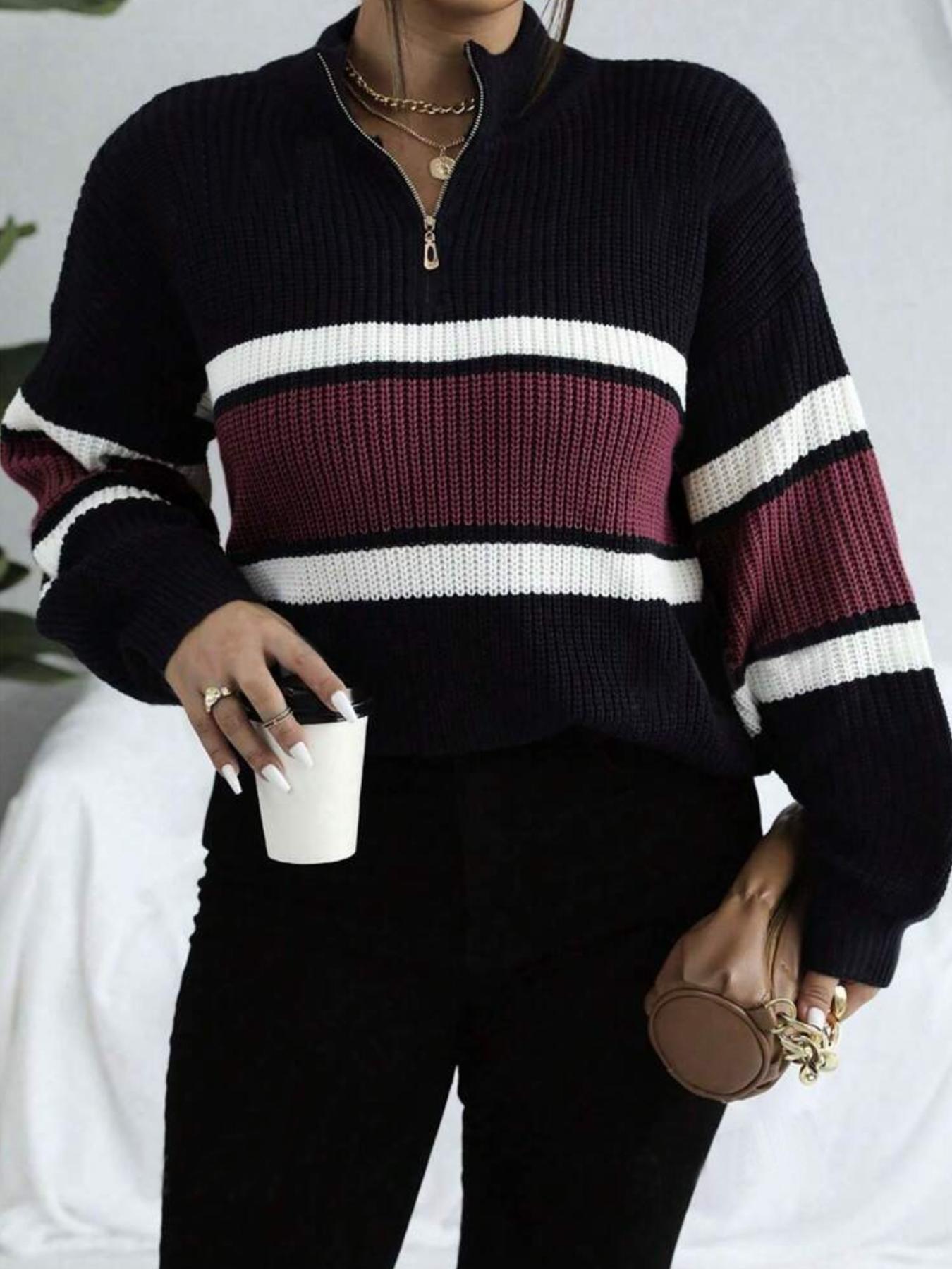 Women's Colorblock Striped Print Half Zip Up Mock Neck Sweater Pullover Top, Casual Loose Drop Shoulder Long Sleeve Jumper, Women's Fall & Winter Knitwear For Daily Wear Fitted Lady Womenswear