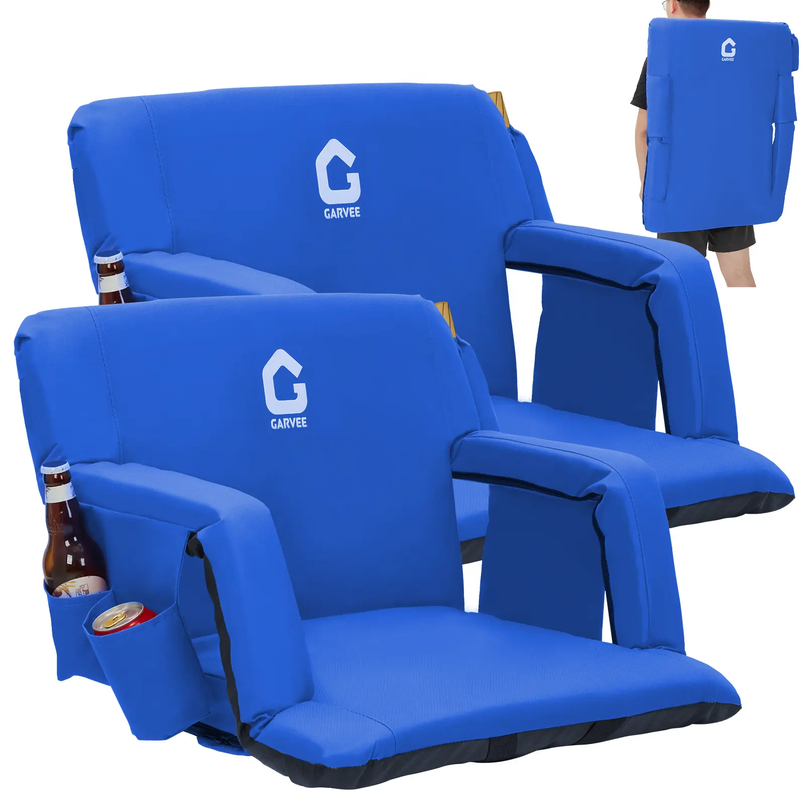 Portable Folding Bleacher Chair - Wide Stadium Seat with Back Support, 6-Position Adjustable Recline, Padded Fabric Cushion, Armrests, Cup Holders, Large Storage Pockets, Anti-Slip Base for Soccer, Baseball, Camping (Couple-Friendly)
