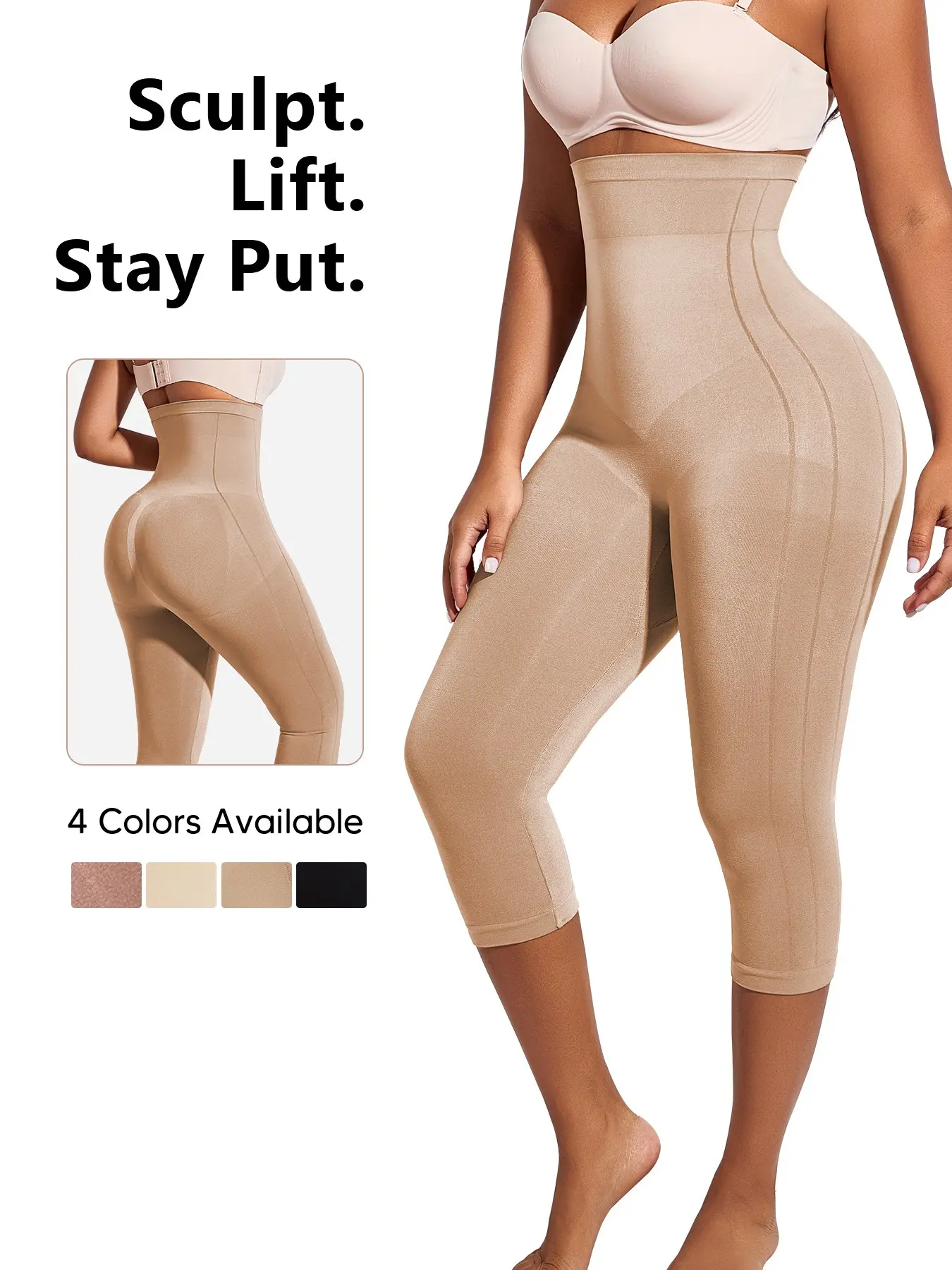 No Rolling High-Waisted Stretchy Capri Shapewear Legging for Women, Tummy Control & Butt Lifting, Anti-slip Silicone Waistband, Seamless & Invisible , 4 Colors, Perfect for Tight Dresses and Pants