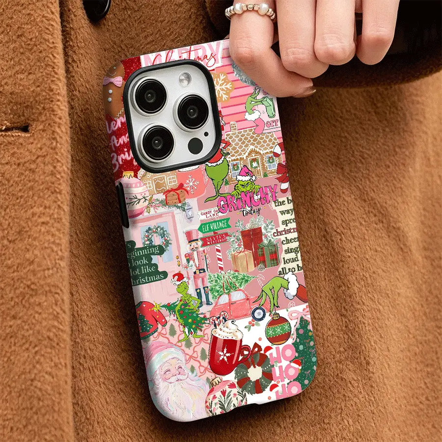 Cute Aesthetic Shockproof Custom Phone Cover Accessories for iPhone 11/12/13/14/15 Pro/16 Pro Max/17 Pro Max - Precise Craftsmanship, Tight Fit, Comprehensive Protection, Grinchy Christmas Magic, Cute Accessories