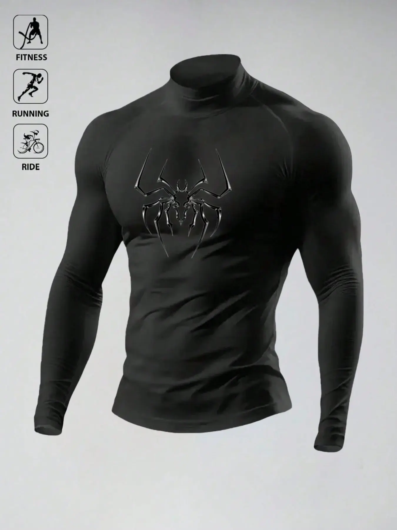 Men's Spider Print Half High Neck Tight Long Sleeve Top, Quick-Dry Sport Underwear, Elastic Raglan Sleeve Gym Shirt, Breathable Fabric, Fitness Shirts