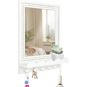 Tirzah 16x12 Inch Wall Mount Beaded Wood Framed Mirror with Shelf and 6 Hooks, White Decorative Entryway Mirror with Storage for Laundry Room, Bathroom, Bedroom