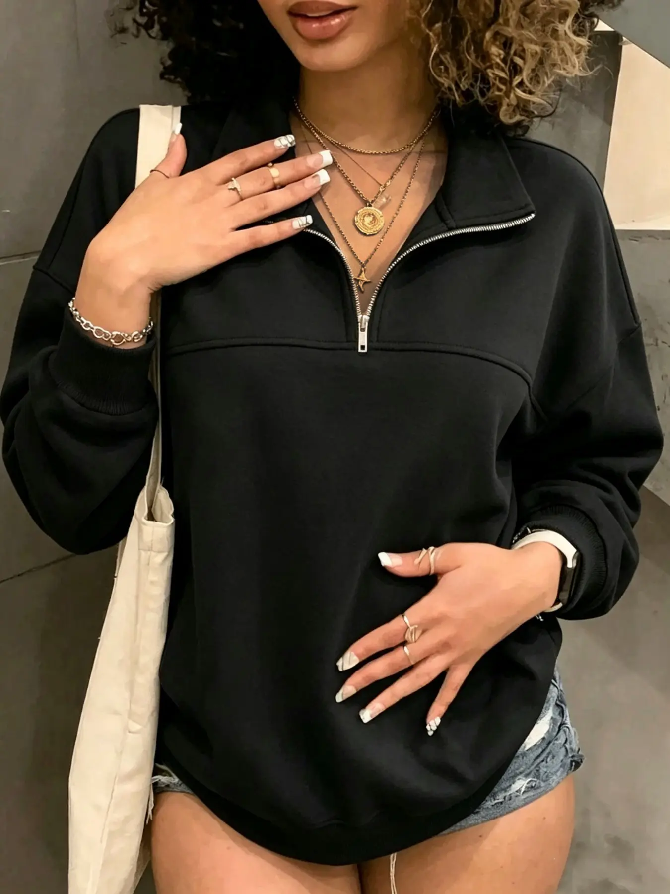 Women's solid color baggy loose fit half zipper pullover, return to school clothing, graduation, women's teacher clothing, daily casual clothing, return to school pullover autumn and winter clothing