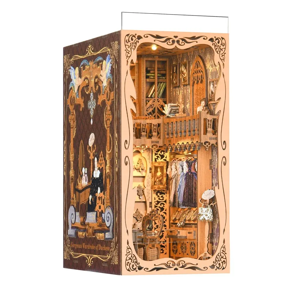 DIY Book Nook Kit, Gorgeous Wardrobe European Style 3D Puzzle, Mini House Bookend Model with Night Light, Decor Collectible Craft Toy