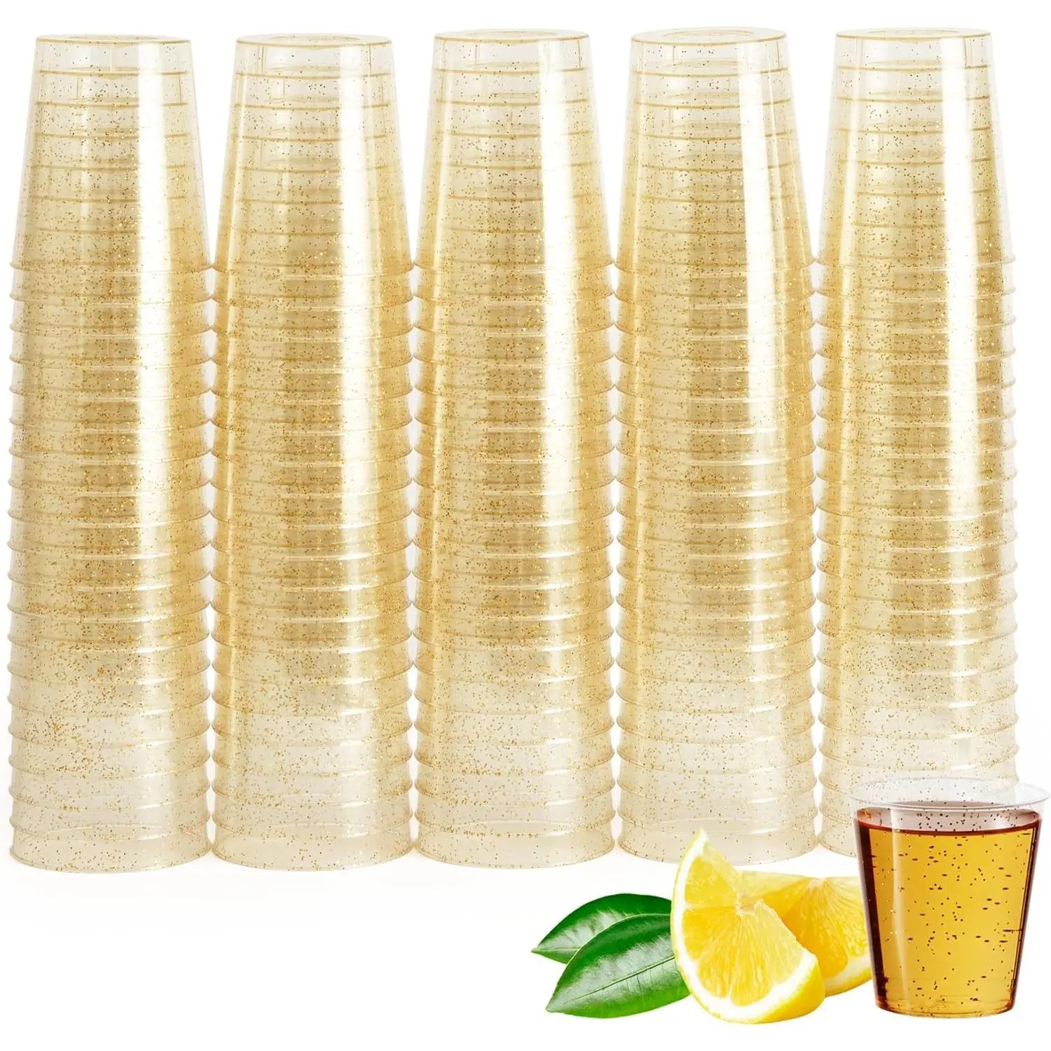 100 Pack Clear Plastic Shot Glasses Gold Glitter 2 Oz - Sturdy & Reusable - Jello & Tequila Shots, Sample Tasting Cups - Birthdays, Weddings, Christmas, BBQ, Parties