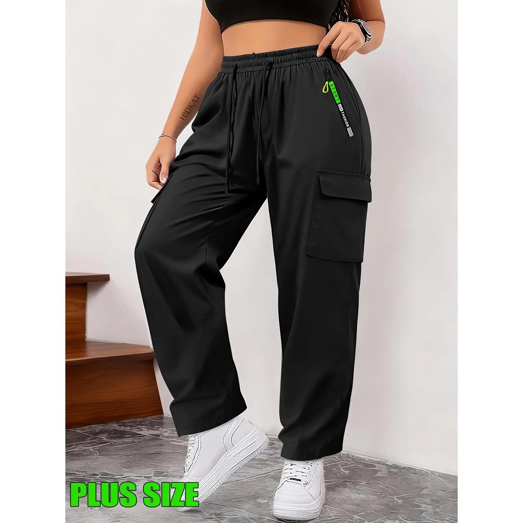 Women's Curvy Plus Size Cute Sports Joggers - Loose-Fit Heavyweight Cargo Pants with Cargo Pockets, Elasticated Waist, Adjustable Drawstring, Machine Washable for Outdoor Sports, Ankle Length, Curvy Women Plus Size, Cute Women's Sports Joggers