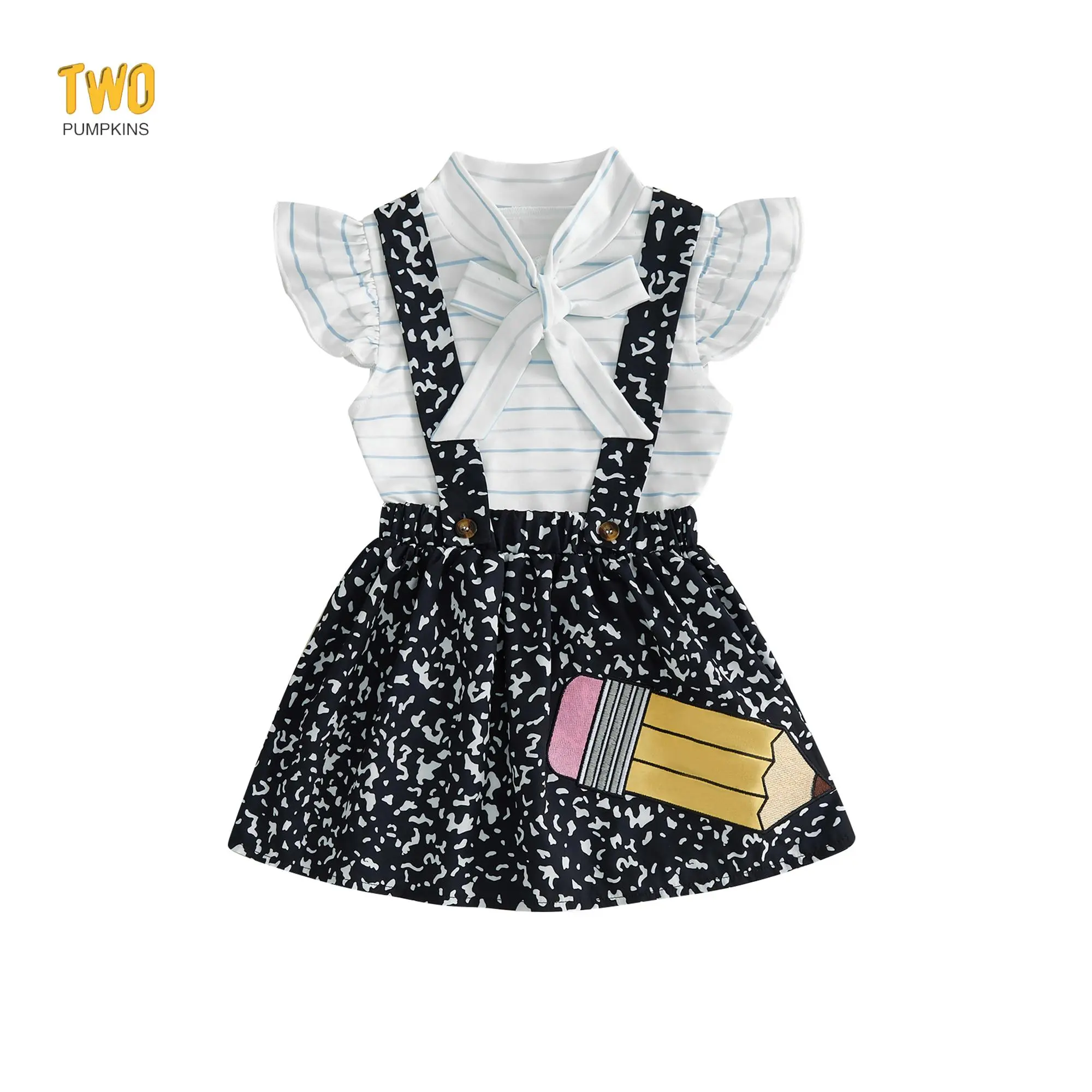 Toddler Girl Back To School Prek Kindergarten Dress | First Day Of School Outfit, Ruffle Shirt Suspender Skirt Set, Embroidery Pencil Preschool Prek 1st Grade Dresses Photos