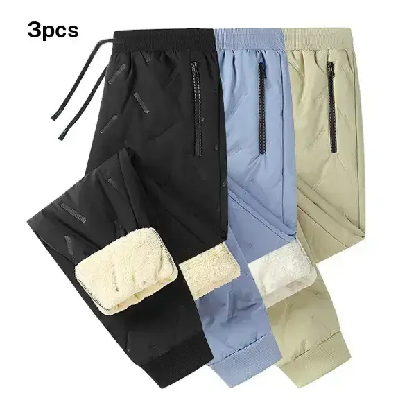 Men's fleece lined casual pants set of three, featuring a versatile casual style, warm fleece lining, zippered pockets for secure storage, and ankle cuffs with gathers for a neat windproof finish. Suitable for autumn and winter daily wear, sports, and hom