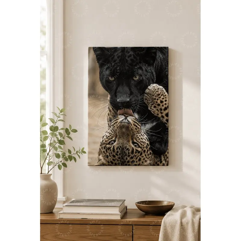 Black Panther And Spotted Leopard Wildlife Photo Art Poster, Wild Animal Portrait Wall Print, Aesthetic Bedroom Wall Art, Living Room Decor, Office Wall Art, Teen Room Decor, Modern Wildlife Home Decor Gift