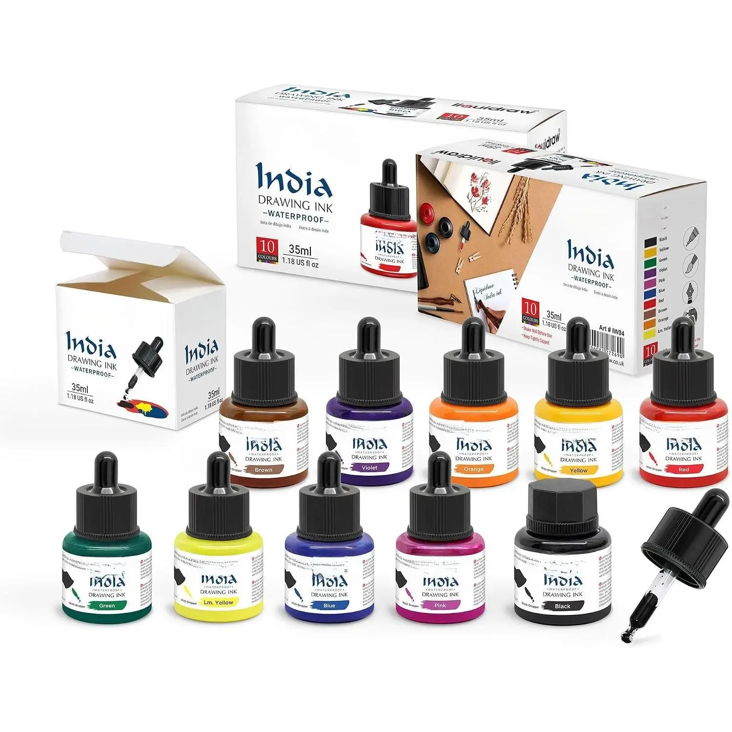 Colored Drawing Ink with Dropper | 10 x 1.18 fl oz (35 ml) Bottles | Set of  Colors | India Ink for Calligraphy, Pens & Dip Pens | Ideal for Drawing, Writing & Art Project