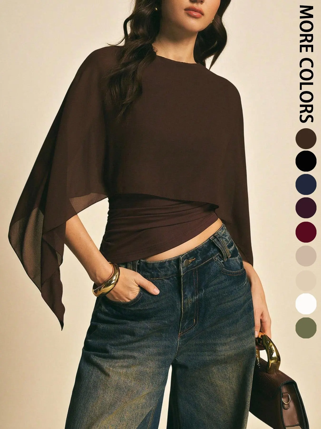Elegant Minimalist Asymmetrical Basic Blouse for Women, Round Neck, Batwing Sleeve Design, Perfect for Daily Wear & Casual, Stylish Ladies' Top