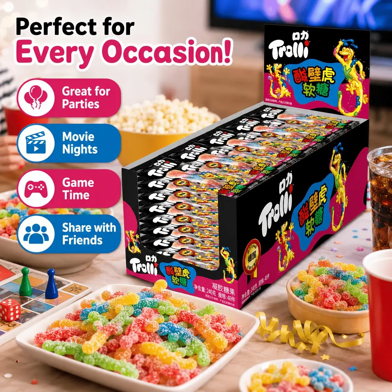 Trolli Sour Candy, 0.21oz*40 Fruit-flavored Chewy Gummies, Fun And Colorful Sour Snack, Bulk Packaging, Perfect for Parties, Halloween, Stocking Up, Beautifully Boxed, Movie Nights, And Gifts