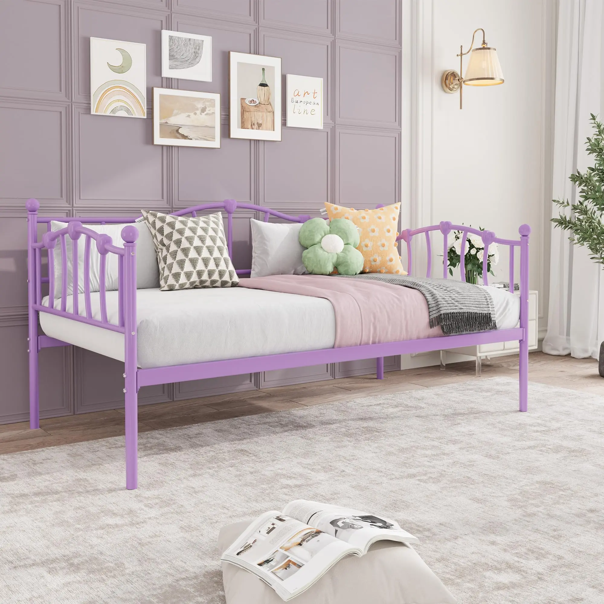 Heart-Shaped Metal Daybed Frame Twin Size – Heavy Duty Steel Slats – Space-Saving Sofa Bed for Bedroom, Living Room, Guest Room – No Box Spring Needed – Easy Assembly – Noise-Free – Purple
