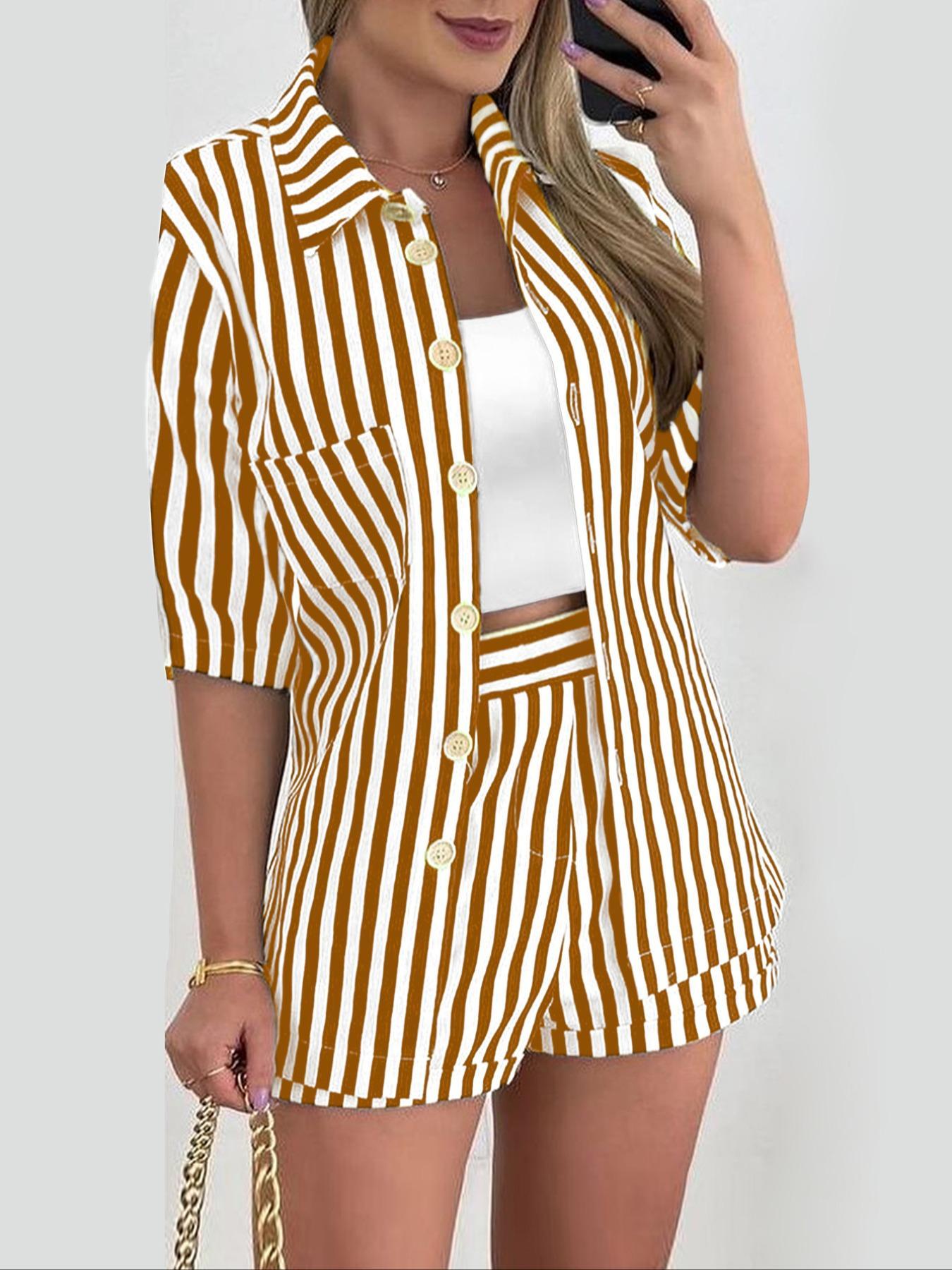Women's Striped Print Button Front Shirt & Shorts Two-Piece Set, Casual Fashion Top & Shorts for Summer, Ladies Clothes for Daily Wear, Casual Lounge Set