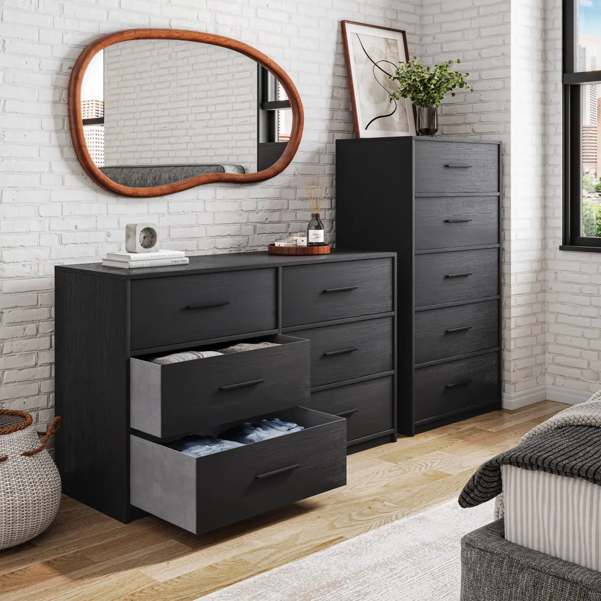 Aobtkel Modern 5-Drawer Dresser - Single Unit MDF Wood Indoor Cabinet with Large Fabric Drawers, Black (On-Site Availability)