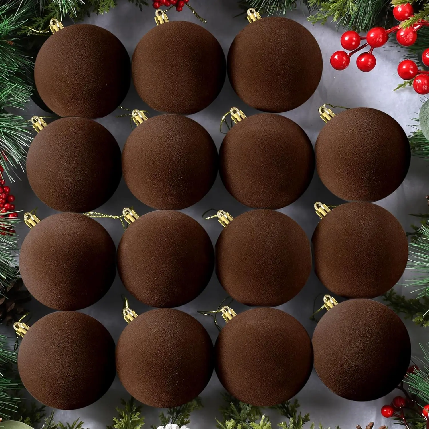 24 count 3.15Inches  Christmas Ball Ornaments, Shatterproof Brown Flocked Bulbs Decorations Set, Retro Decorative  Plastic Ornaments for Xmas Tree Holiday Party Decor