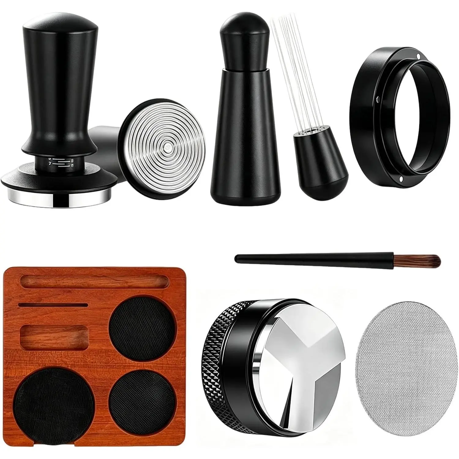 54mm Espresso Accessories Kit - 7Pcs Coffee Tamper Set with Wooden Tamping Station, WDT Tool, Distributor, Puck Screen and Dosing Funnel, Fits 54mm Espresso Portafilter