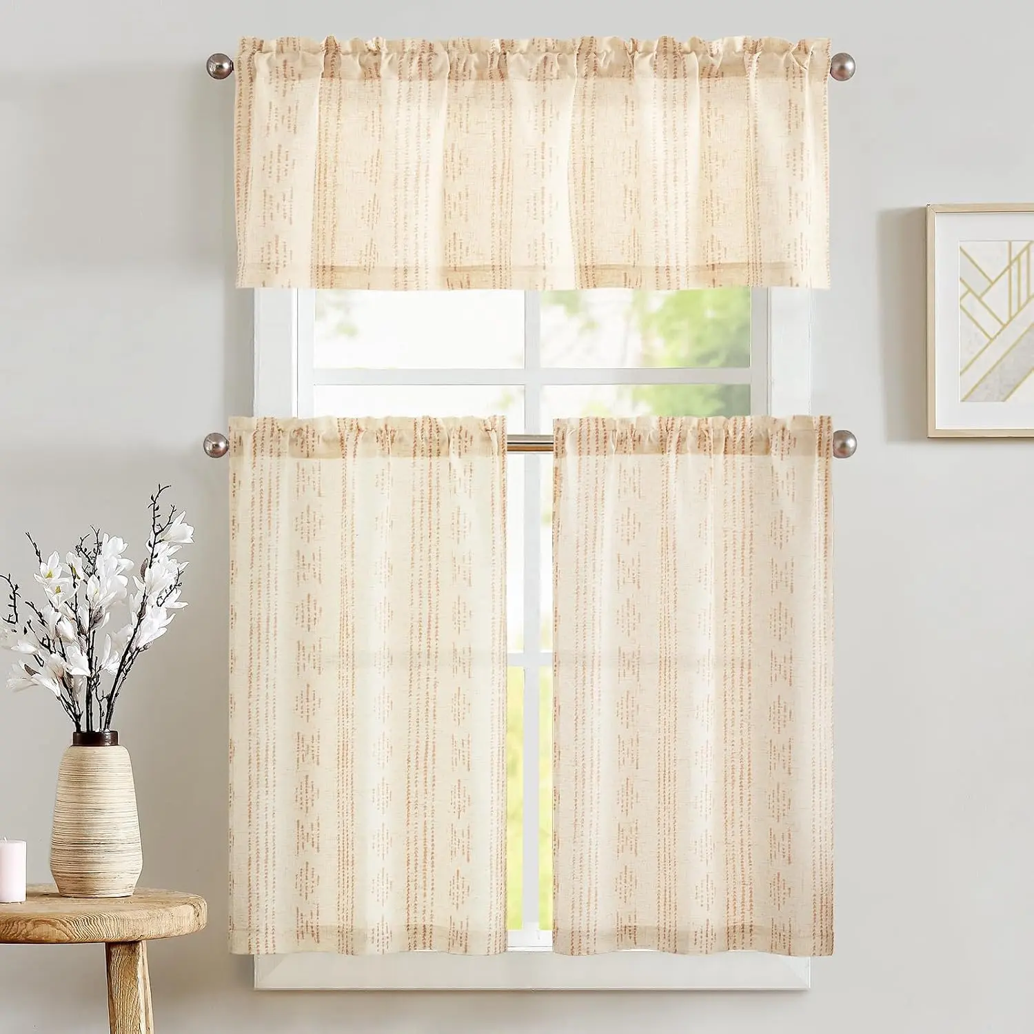 Taupe  Beige Boho Kitchen Curtains and Valance Set Rod Pocket | Woven boho stripe design adds texture, filters light, offers  for  kitchens, bathrooms and laundry rooms.