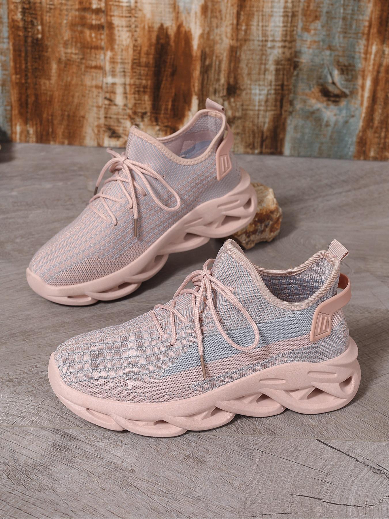 Women's Fashion Lace Up Low Top Blade Soles Sneakers, Casual Breathable Comfortable Sports Knitted Running Shoes, All-match Round Toe Chunky Sneakers for Daily Wear, Casual Running Footwear