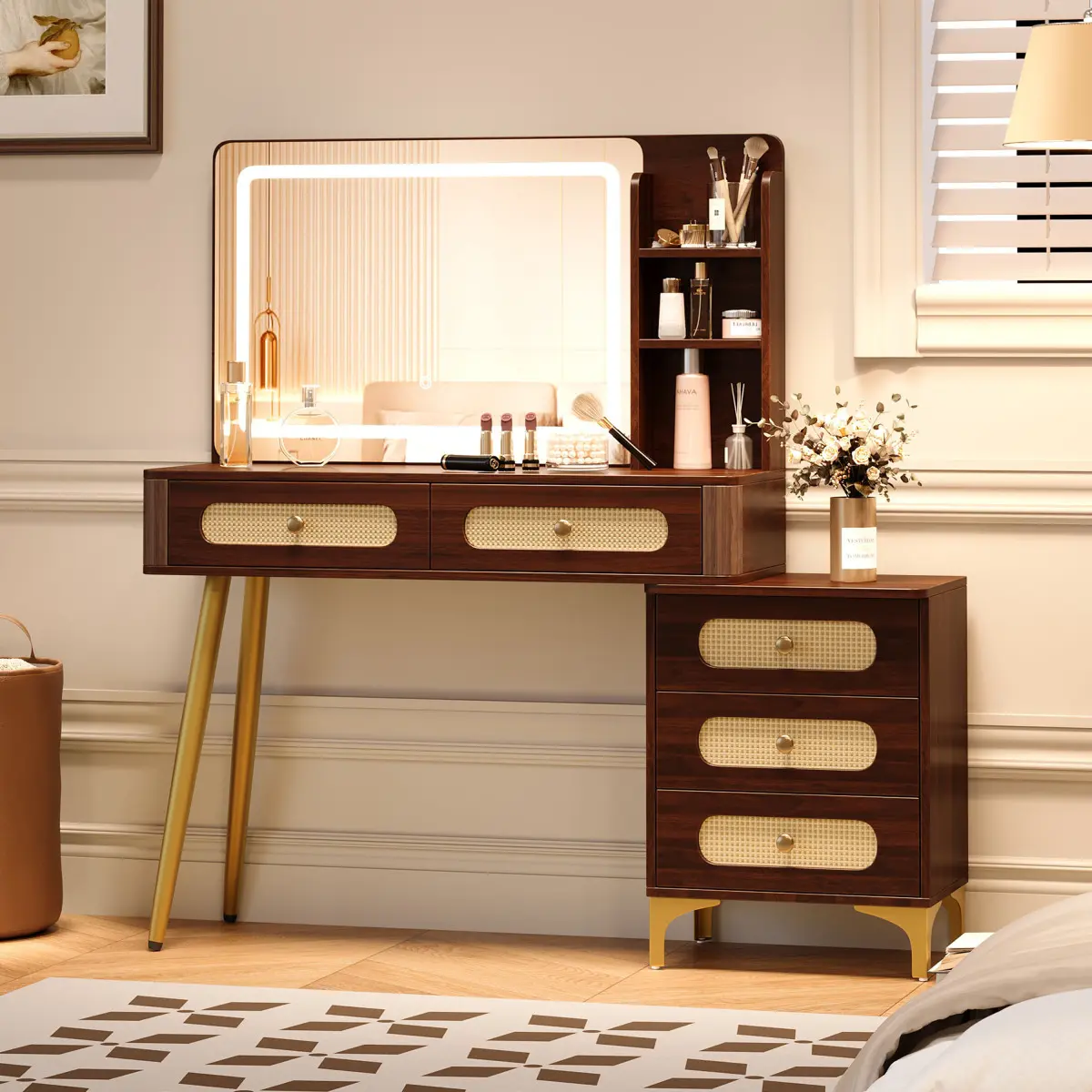 [Bellemave] 47''Vintage Makeup Vanity with Mirror and Lights, Makeup Vanity Desk with 5 Drawers and Storage Shelf, Rattan Drawer Design, 3 Color Modes and Adjustable Brightness Dressing Table