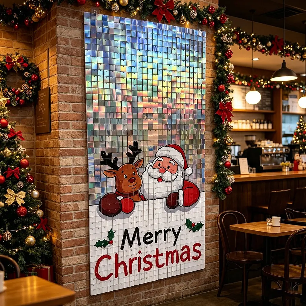 18pcs Printed Glitter Background Decor Board, Christmas Shimmer Wall Happy Banner, Santa Claus Cartoon Heavy Duty Backdrop, Waterproof Durable, Home Party School Event Mall Setup, Glitter Photo Backdrop