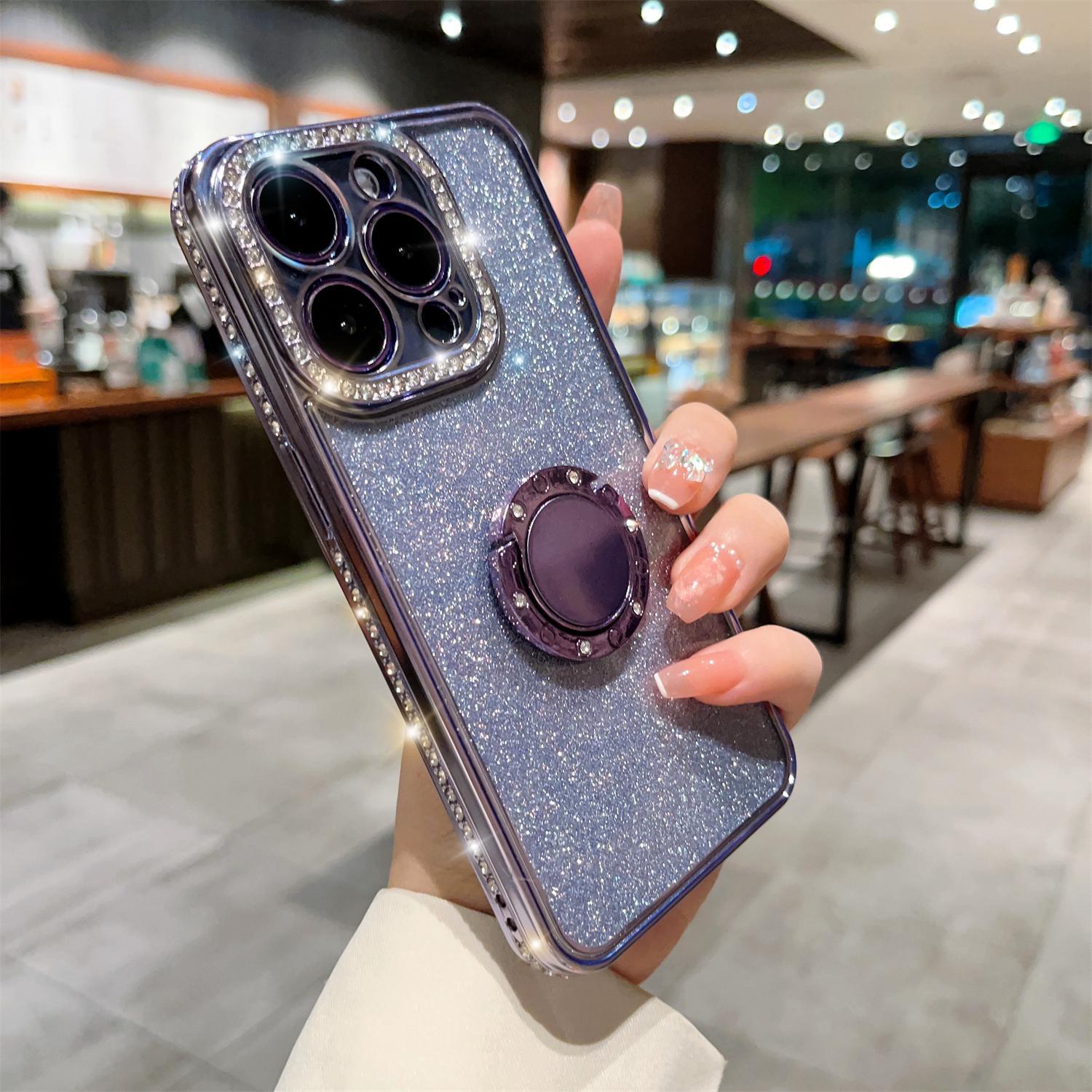 Bling Glitter Ring Case For iPhone 16 15 14 13 12 11 Pro Max Ring Holder Kickstand Case Plating Bumper Cover with Camera Lens Protector