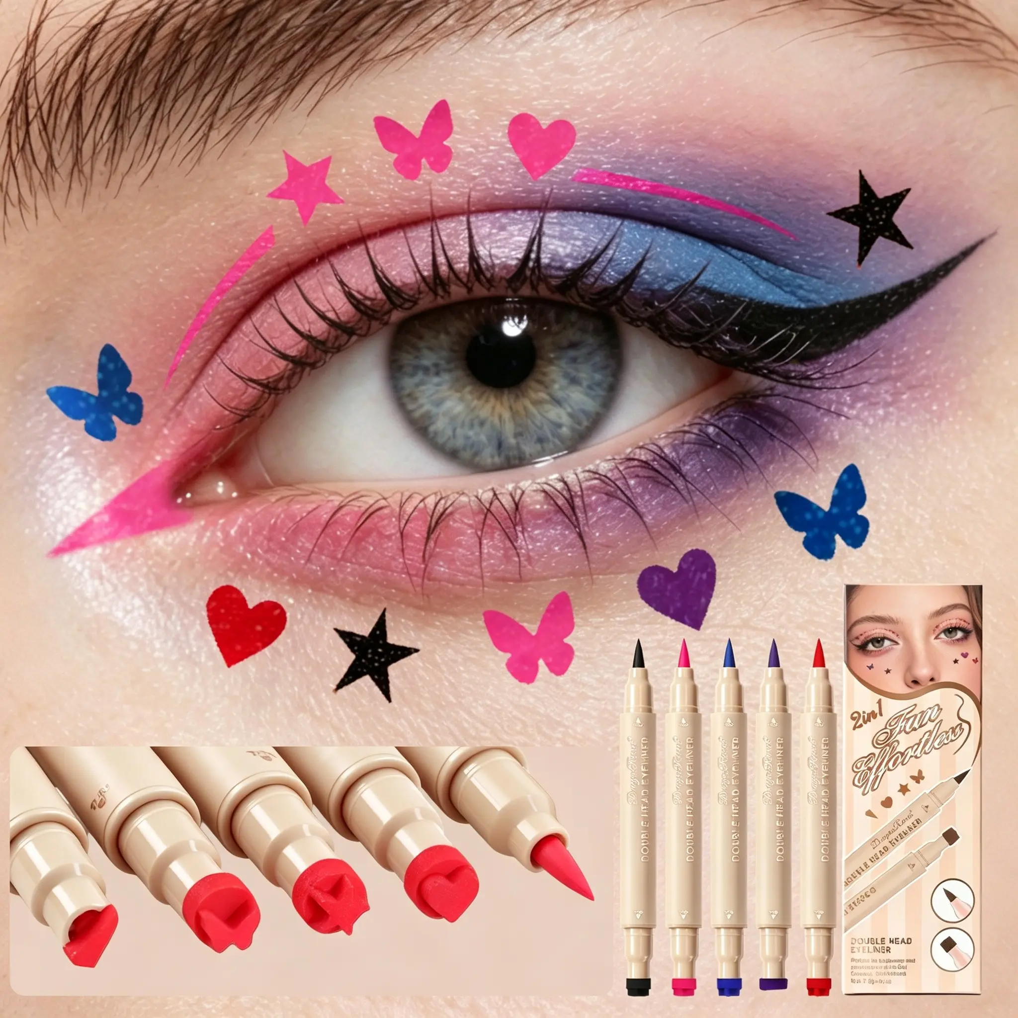 2‑in‑1 Stamp Eyeliner Pen For Makeup Lovers! Double Head Liquid Eyeliner With Heart Star Butterfly Seal, Quick DIY Eye Makeup For Beginner & Party Cosplay